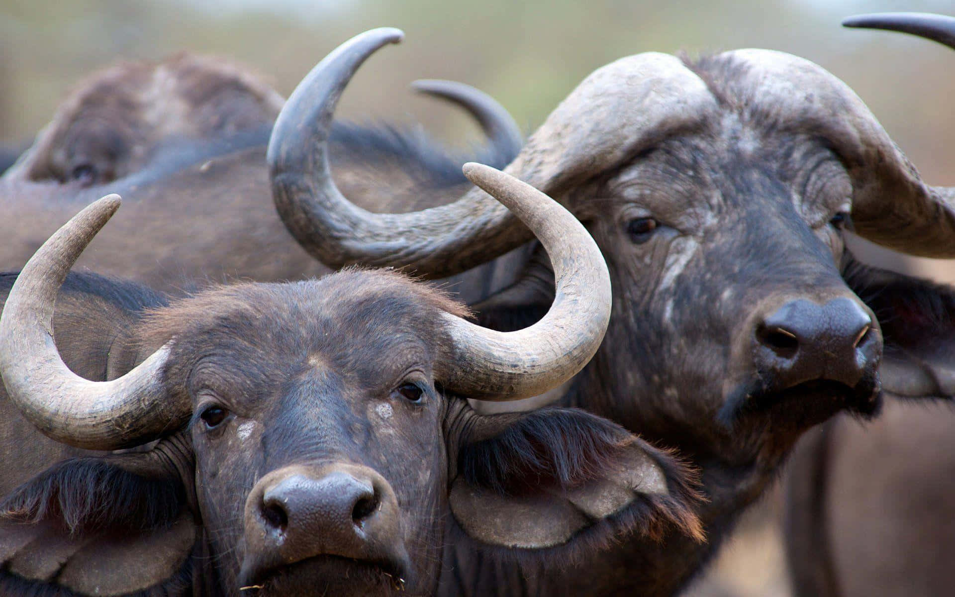 Water Buffalo 桌布 壁紙 — 兩頭擁有巨大彎曲角的非洲水牛在自然棲息地中專注地凝視鏡頭的特寫。