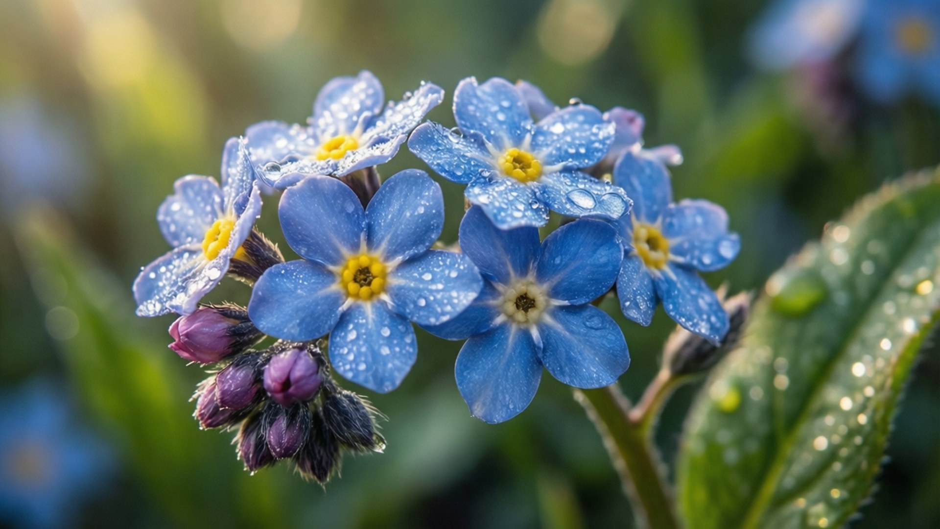 Dewy Blue Forget-Me-Nots 壁紙 — 鮮豔藍色勿忘我花的特寫，帶有黃色花心和花瓣上閃爍的露珠，背景是模糊的綠色葉子。
