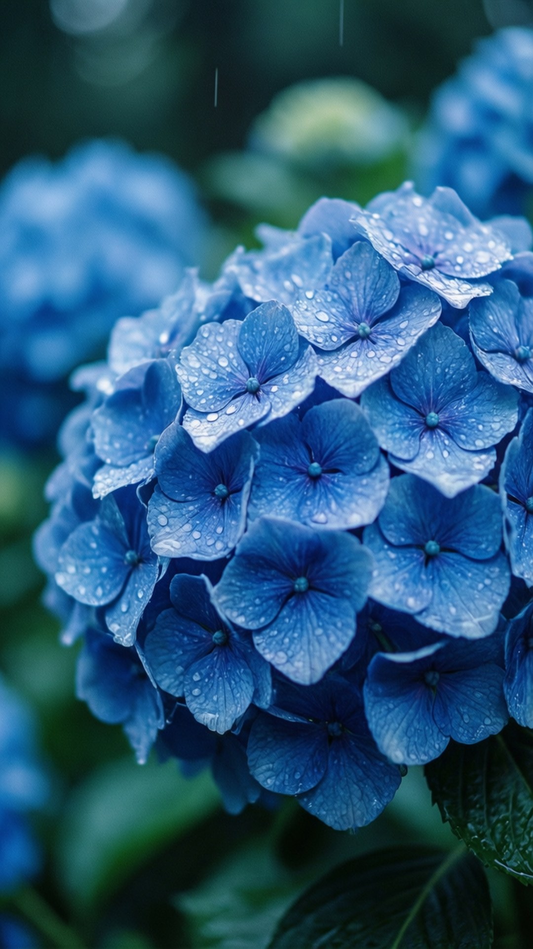 Blue Hydrangea Rain 壁紙 — 近距離拍攝鮮豔的藍色繡球花，在柔和模糊的綠色背景下閃爍著雨滴。