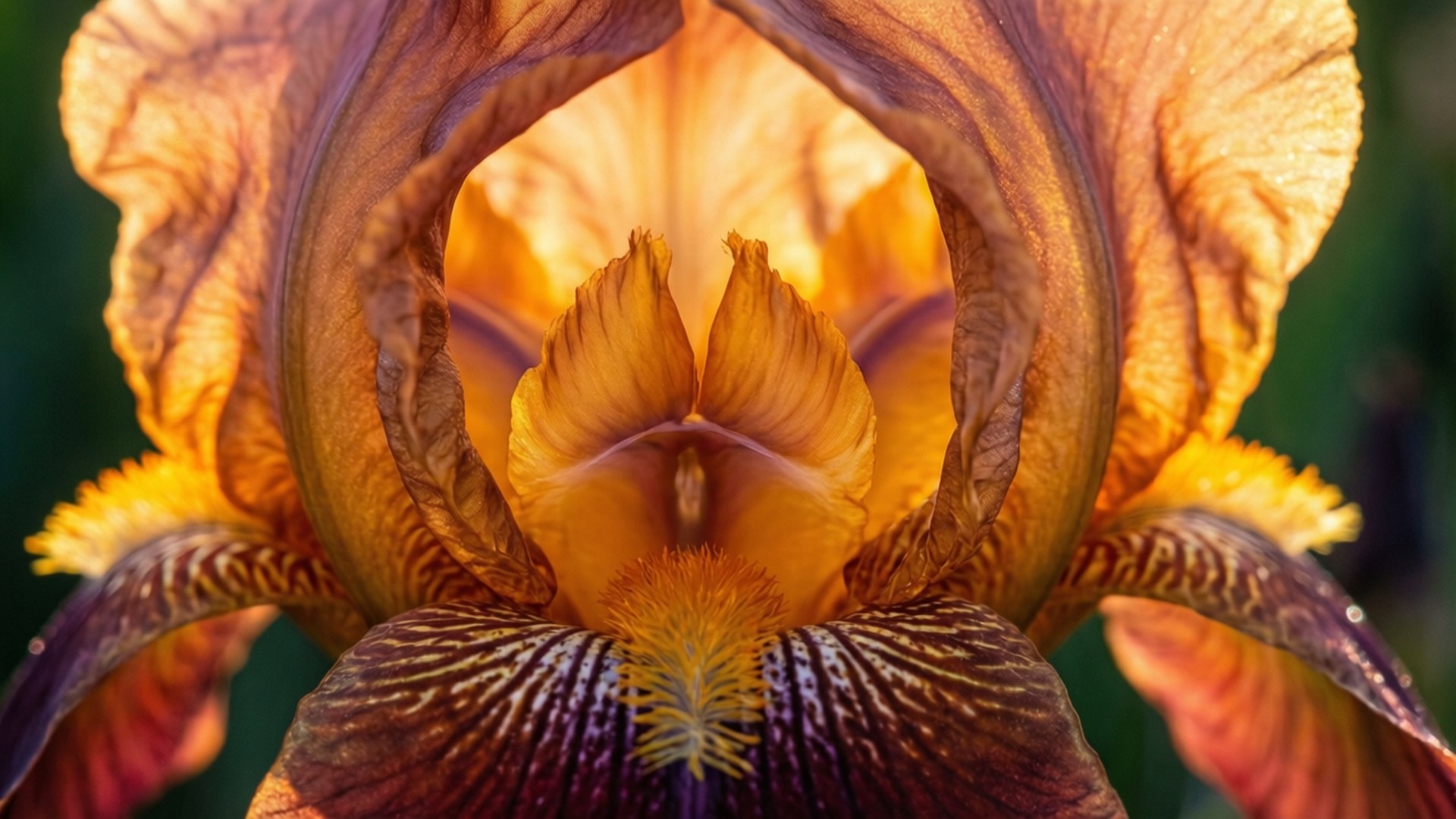 Orange Iris Glow 壁紙 — 近距離拍攝一朵充滿活力的橙色鳶尾花，帶有複雜的紫色脈絡和柔和的金色亮點，背景是模糊的綠色。