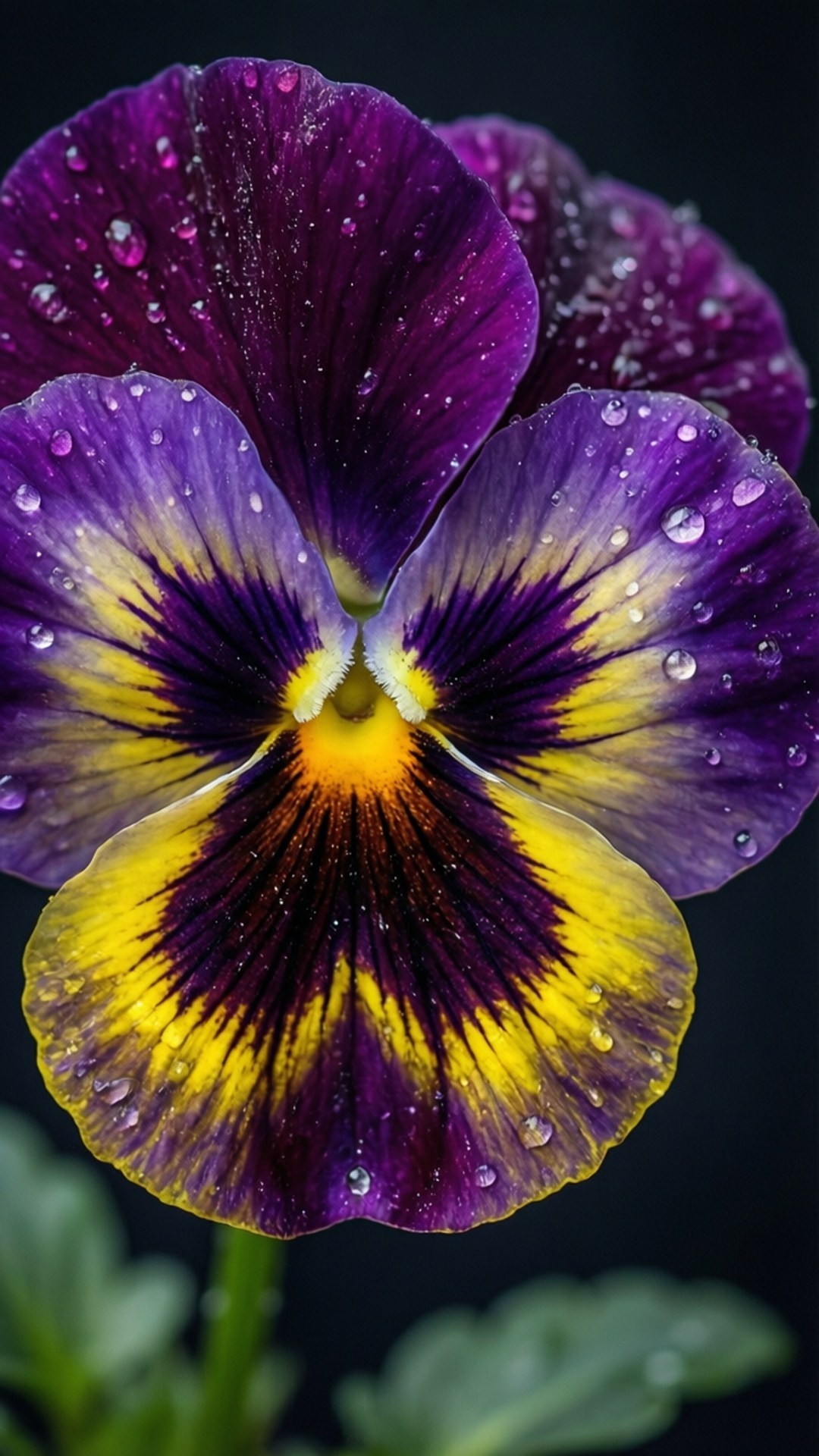 Dewy Purple Pansy Macro 壁紙 — 特寫鏡頭：一朵充滿活力的紫黃色三色堇，花瓣上閃爍著露珠，背景為深色。