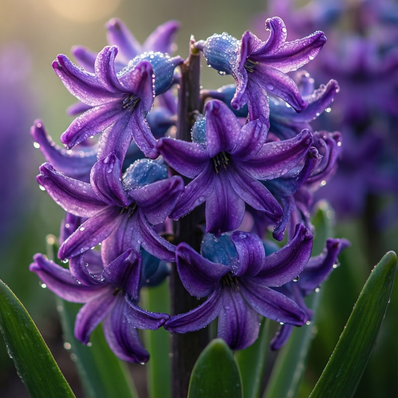 Dewy Purple Hyacinths 壁紙 — 鮮豔紫色風信子花朵的特寫，在柔和模糊的綠色樹葉背景下閃爍著露珠。