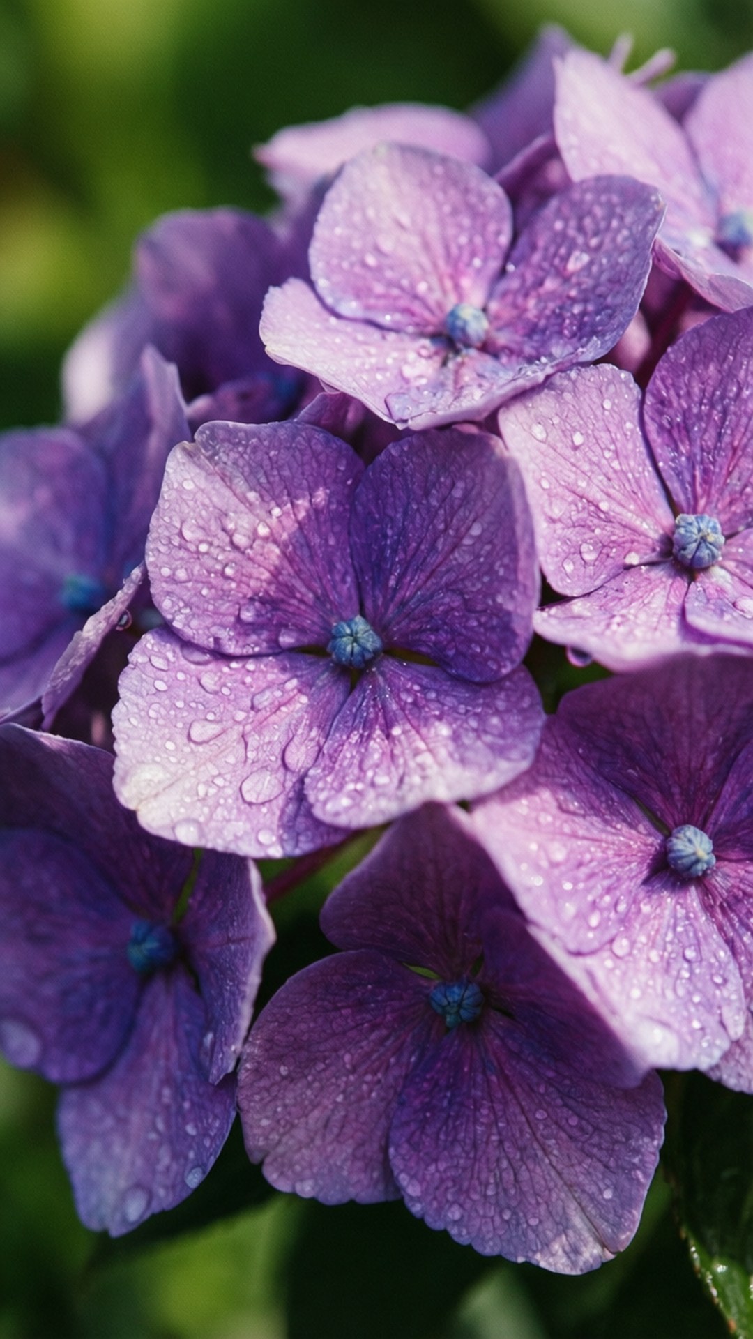 Violet Hydrangea Petals 壁紙 — 近距離拍攝鮮豔的紫色繡球花，在柔和的綠色背景下閃爍著露珠。