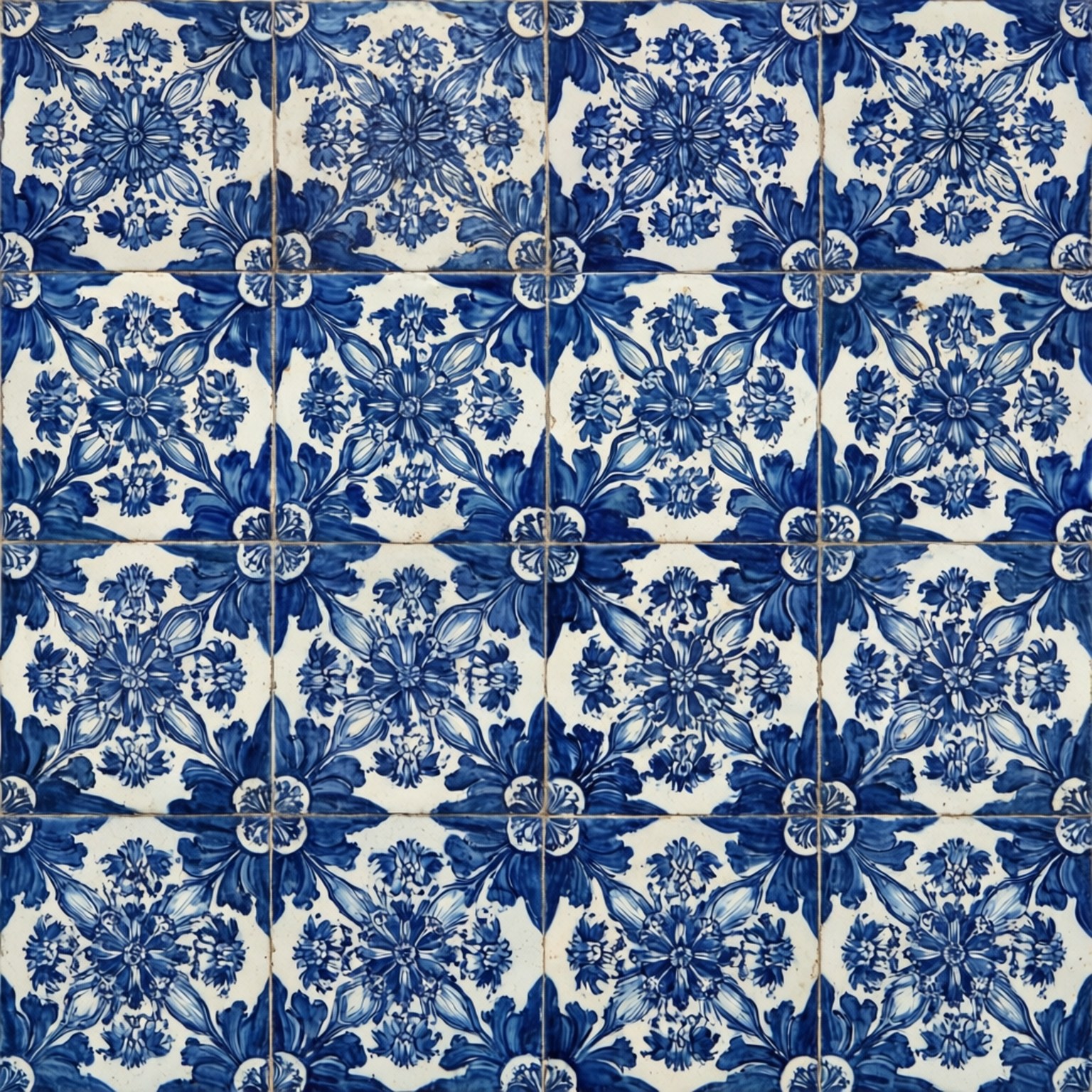 Delft Blue Tile Pattern 壁紙 — 復古藍白陶瓷瓷磚的特寫，帶有複雜的花卉圖案和可見的填縫線。