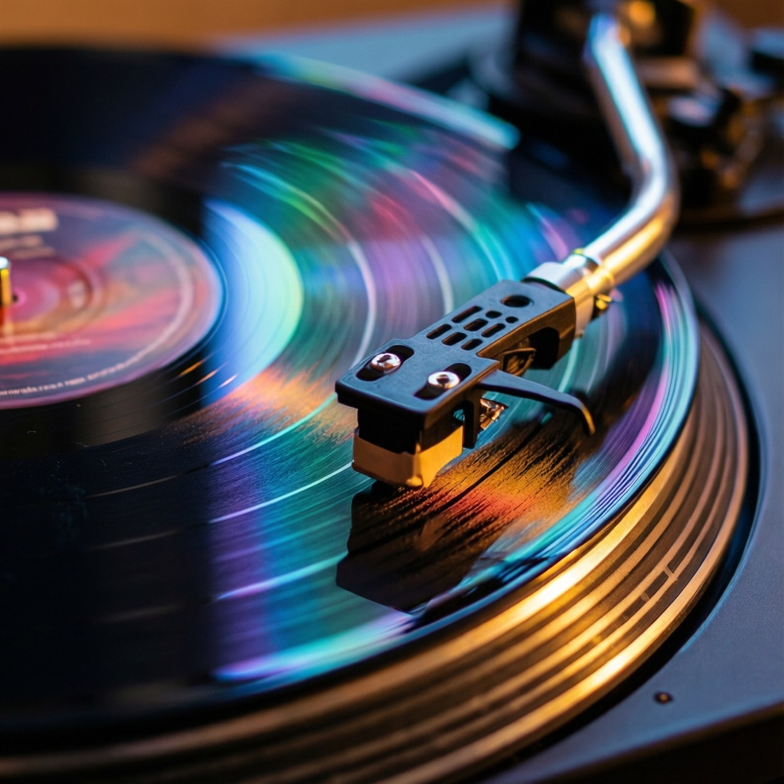 Spinning Vinyl Macro 壁紙 — 黑膠唱片在唱盤上旋轉的特寫，唱針在色彩繽紛的環境燈光下追蹤其紋路。