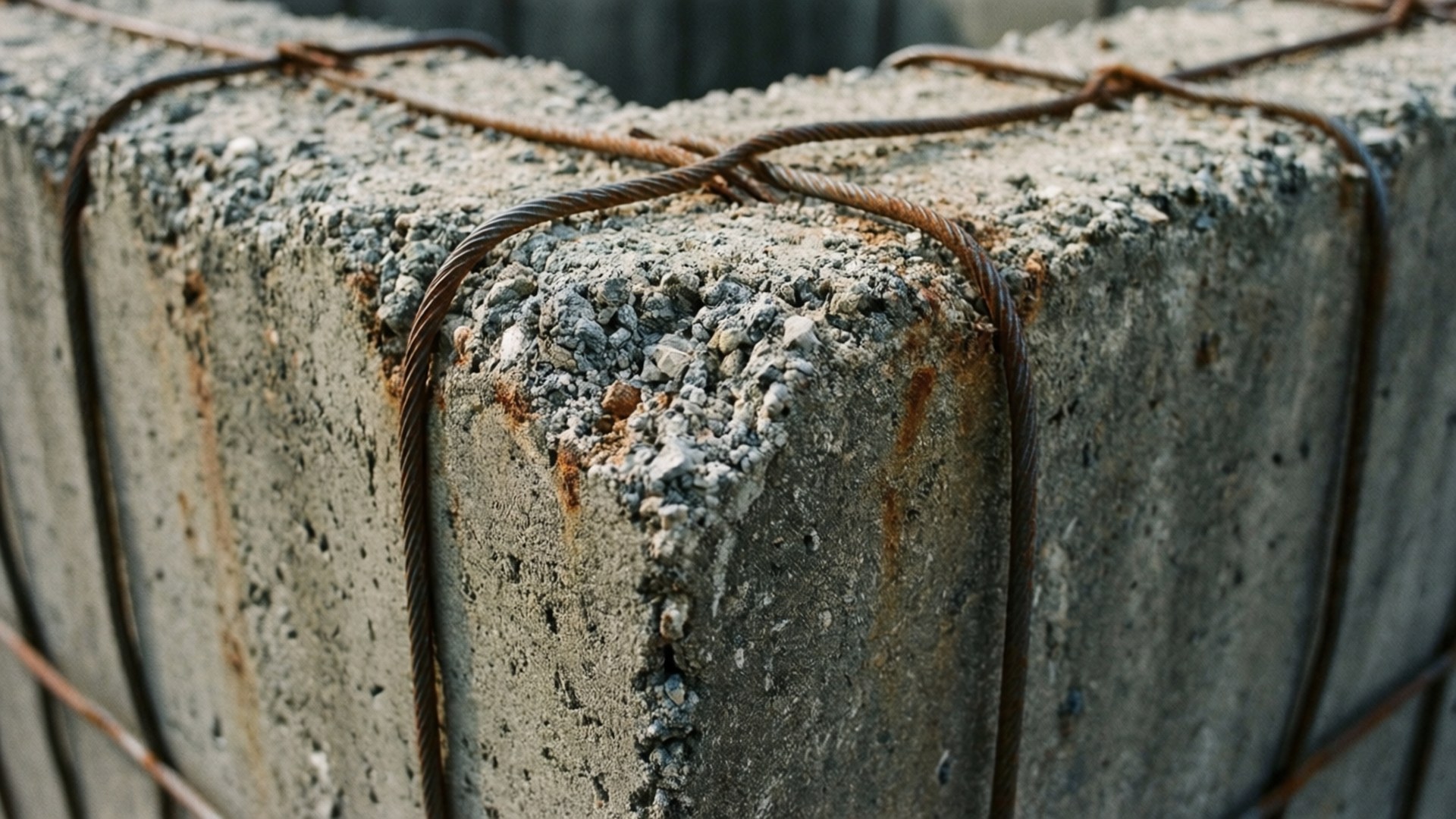 Wire Mesh in Concrete 壁紙 — 風化混凝土塊的特寫，由生鏽鋼纜捆綁，顯示紋理和腐朽。