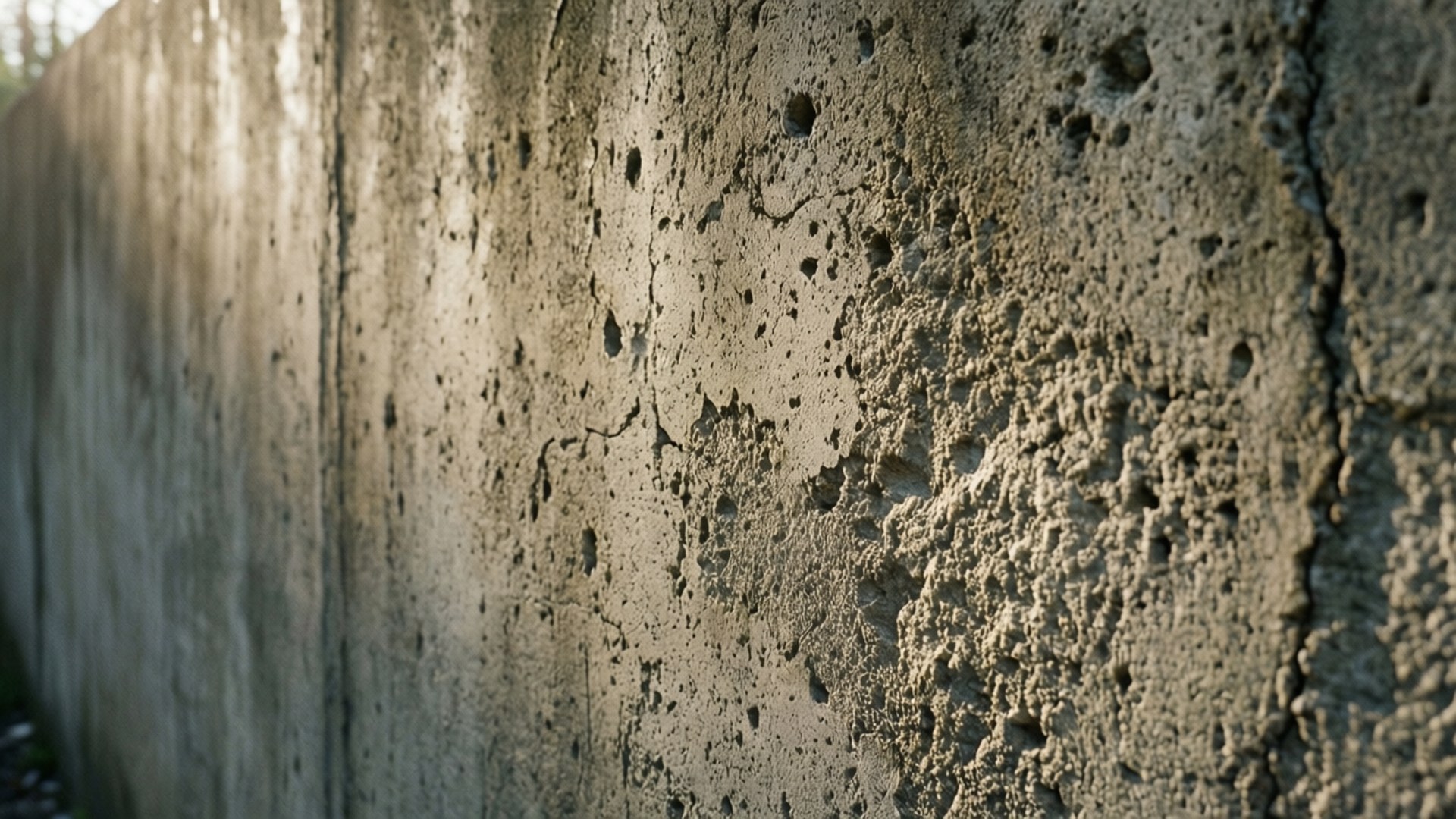 Weathered Concrete Cracks 壁紙 — 風化混凝土牆的特寫，粗糙紋理和小孔被溫暖的陽光照亮。