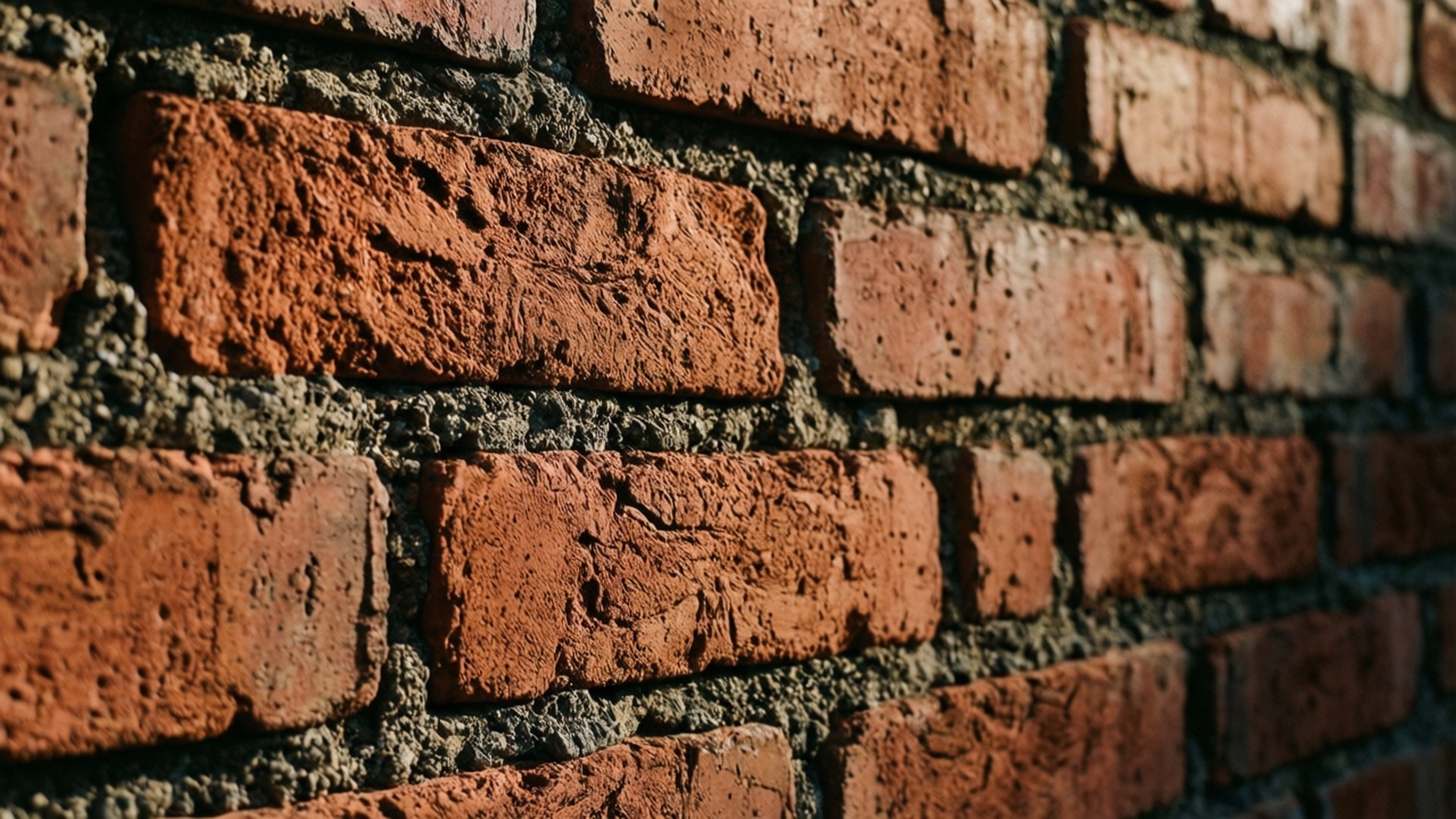Texture of Red Bricks 壁紙 — 風化紅磚與灰色砂漿的特寫，溫暖陽光投射出柔和陰影。