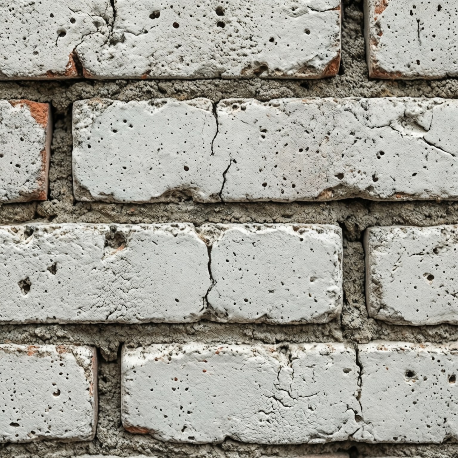 Macro White Brick Texture 壁紙 — 特寫風化白色磚塊，灰色砂漿，顯示裂縫和孔洞的紋理牆。