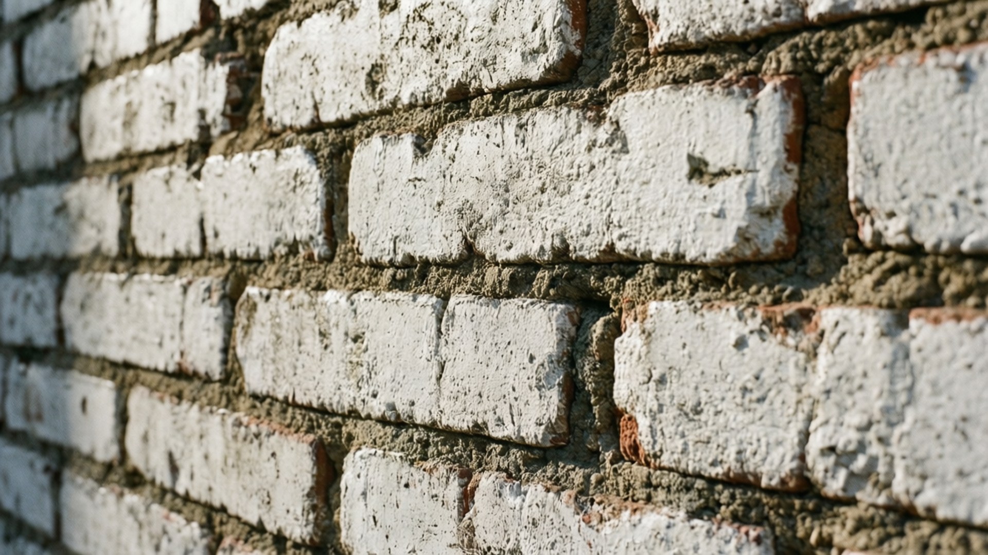 Rough Whitewashed Brick Close-Up 壁紙 — 特寫風化的白色油漆磚塊，帶有灰色砂漿接縫，顯示紋理和磨損。