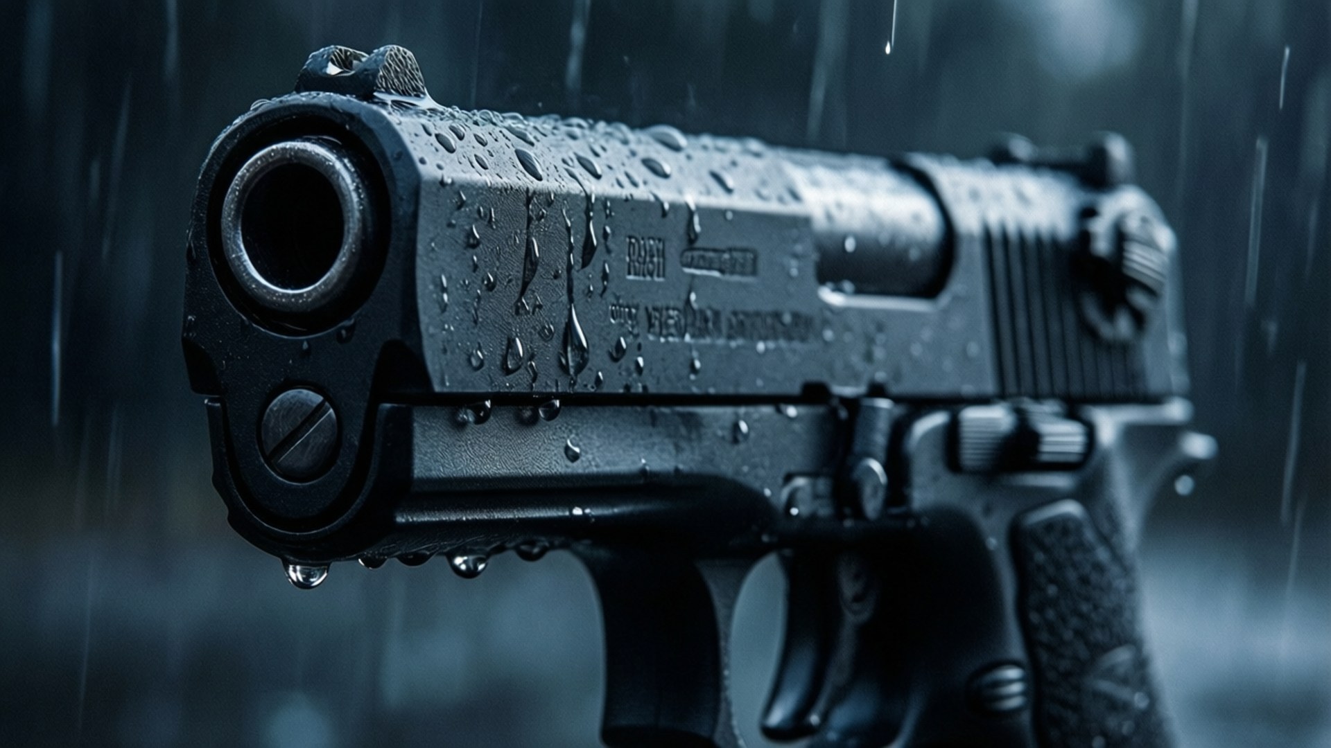 Rainy Silent Pistol 壁紙 — 特寫一支濕透的黑色手槍，在黑暗的雨景背景下閃爍著雨滴。