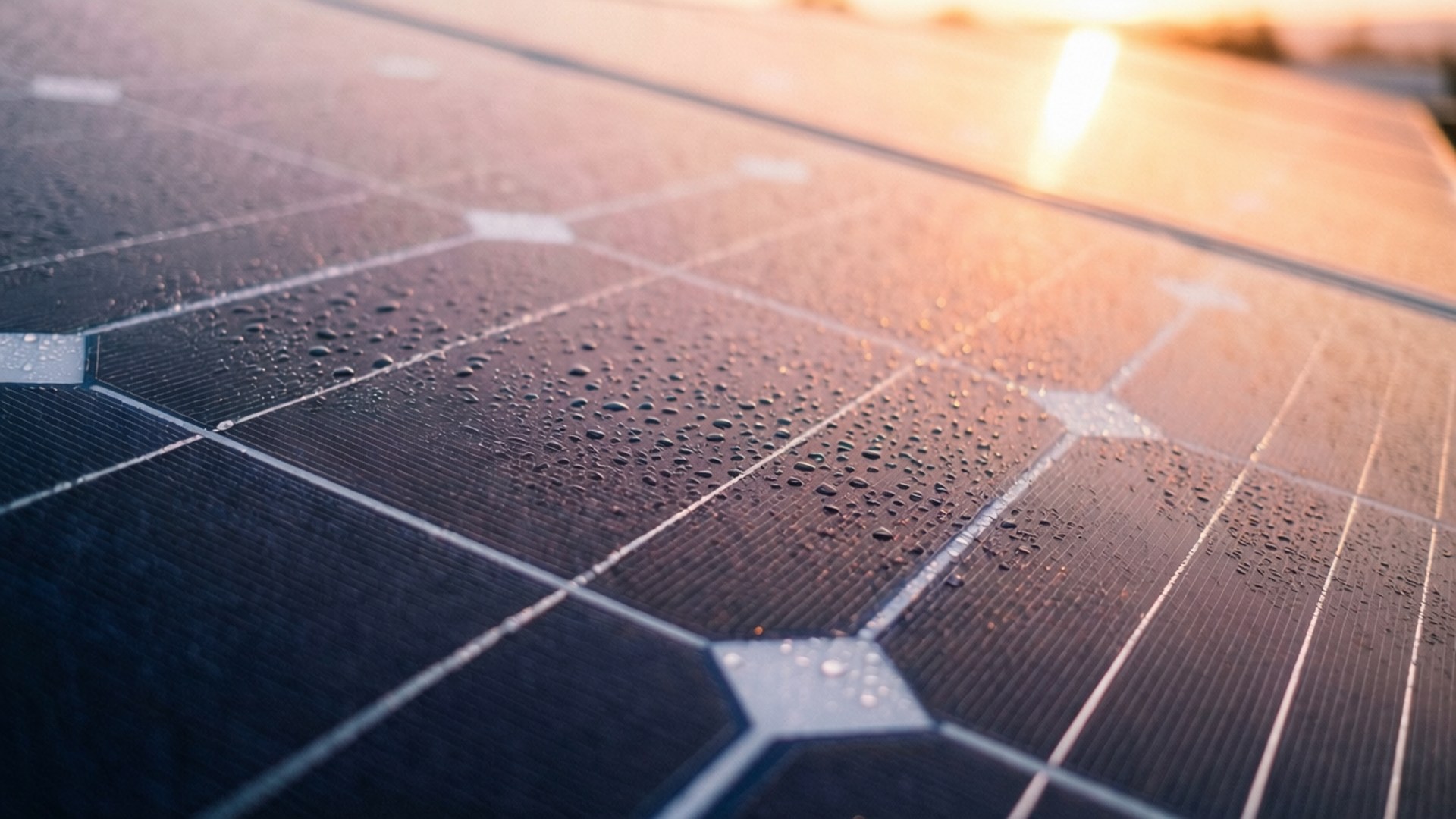 Solar Plant 桌布 壁紙 — 潮濕太陽能板特寫，捕捉金色夕陽光線，紋理表面上有閃爍的水滴。