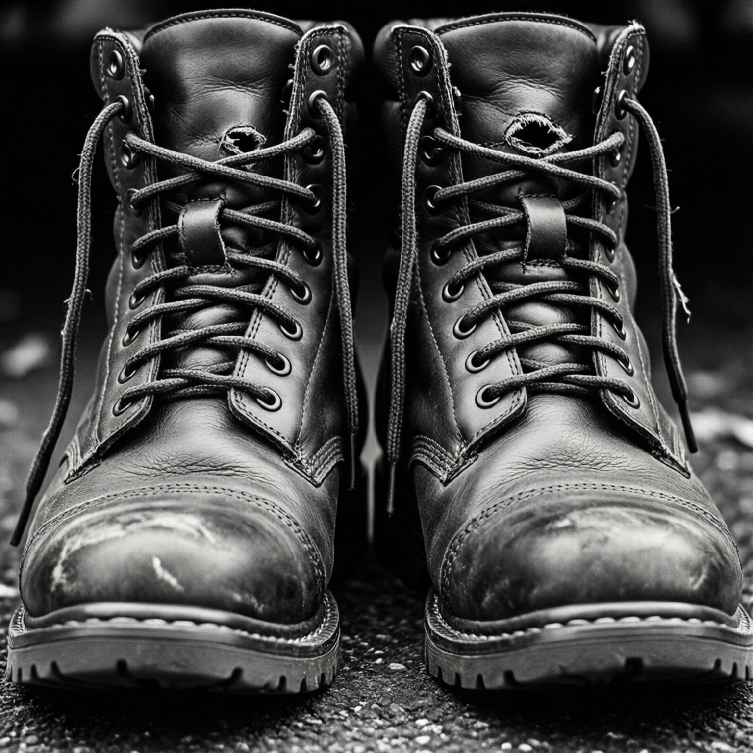 Worn Combat Boots 壁紙 — 一雙磨損的黑色皮革戰鬥靴的特寫，鞋帶磨損，鞋底刮花，在粗糙的瀝青表面上。
