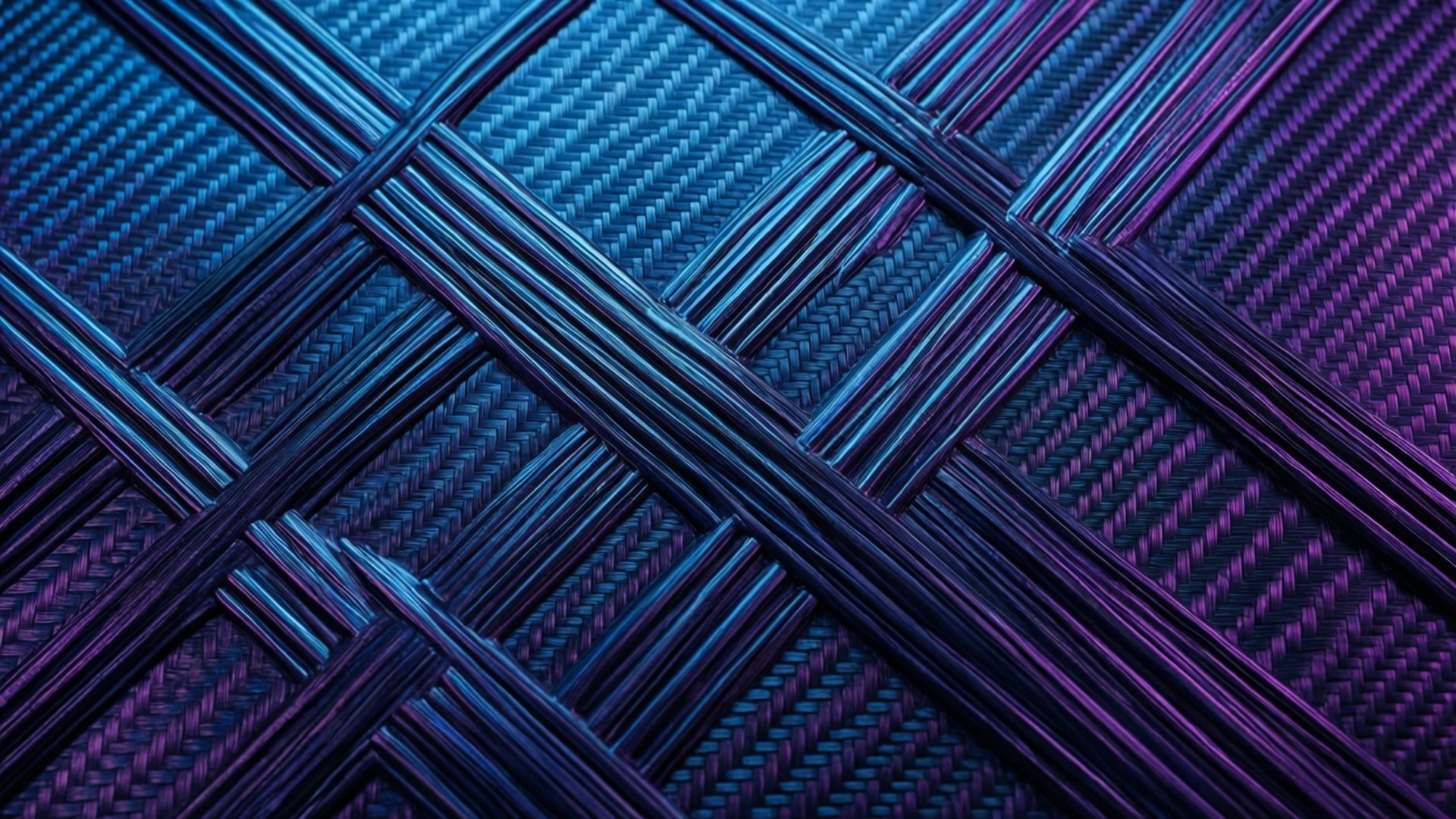 Iridescent Carbon Fiber 壁紙 — 編織碳纖維紋理的近距離特寫，帶有電藍色和深紫色漸變的對角線帶發光。