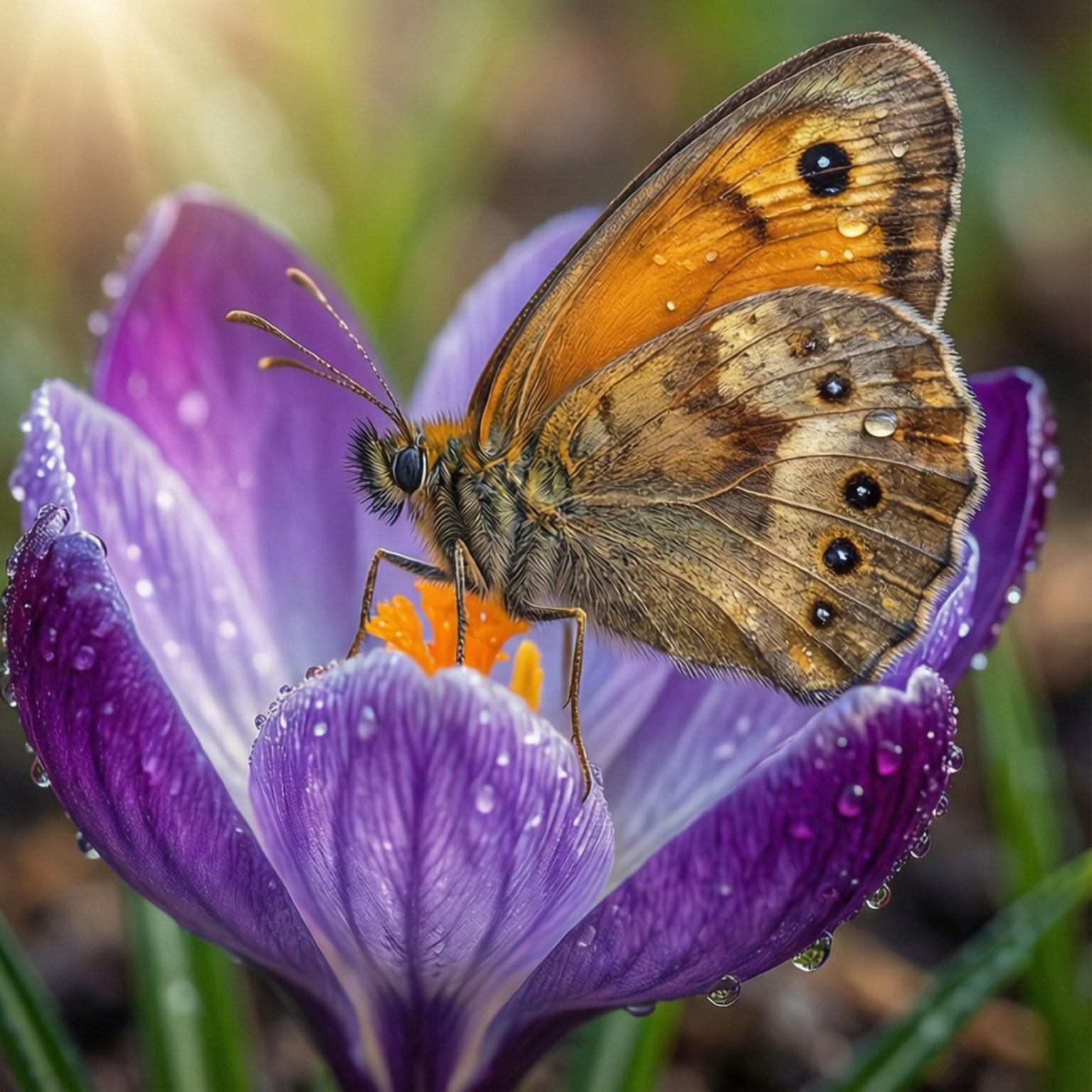 Butterfly and Crocus 壁紙 — 一隻帶有黑色眼斑的橙褐色蝴蝶棲息在佈滿露水的紫色番紅花上的特寫。
