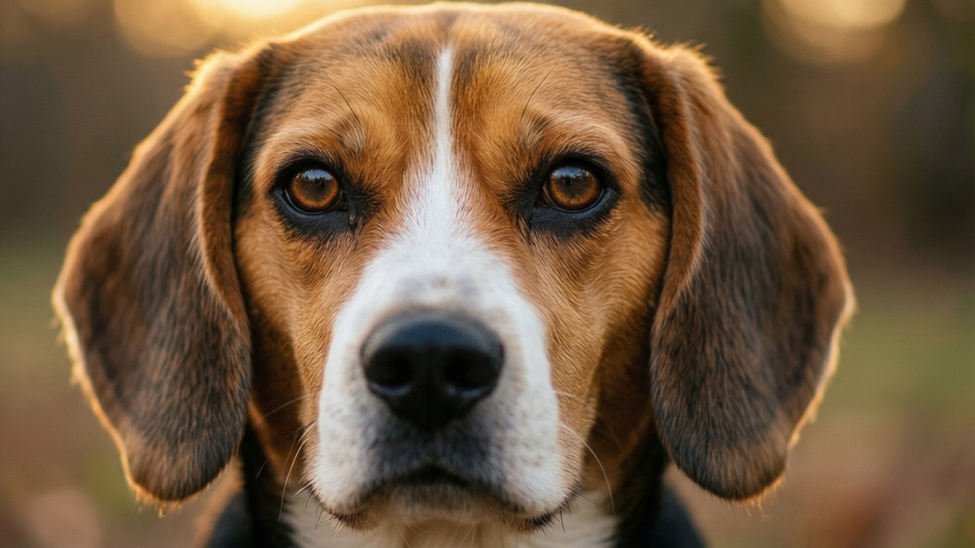 Soulful Beagle Portrait 壁紙 — 一隻比格犬的特寫肖像，有溫暖的棕色眼睛和垂耳，直視鏡頭，背景是柔和的金色散景。