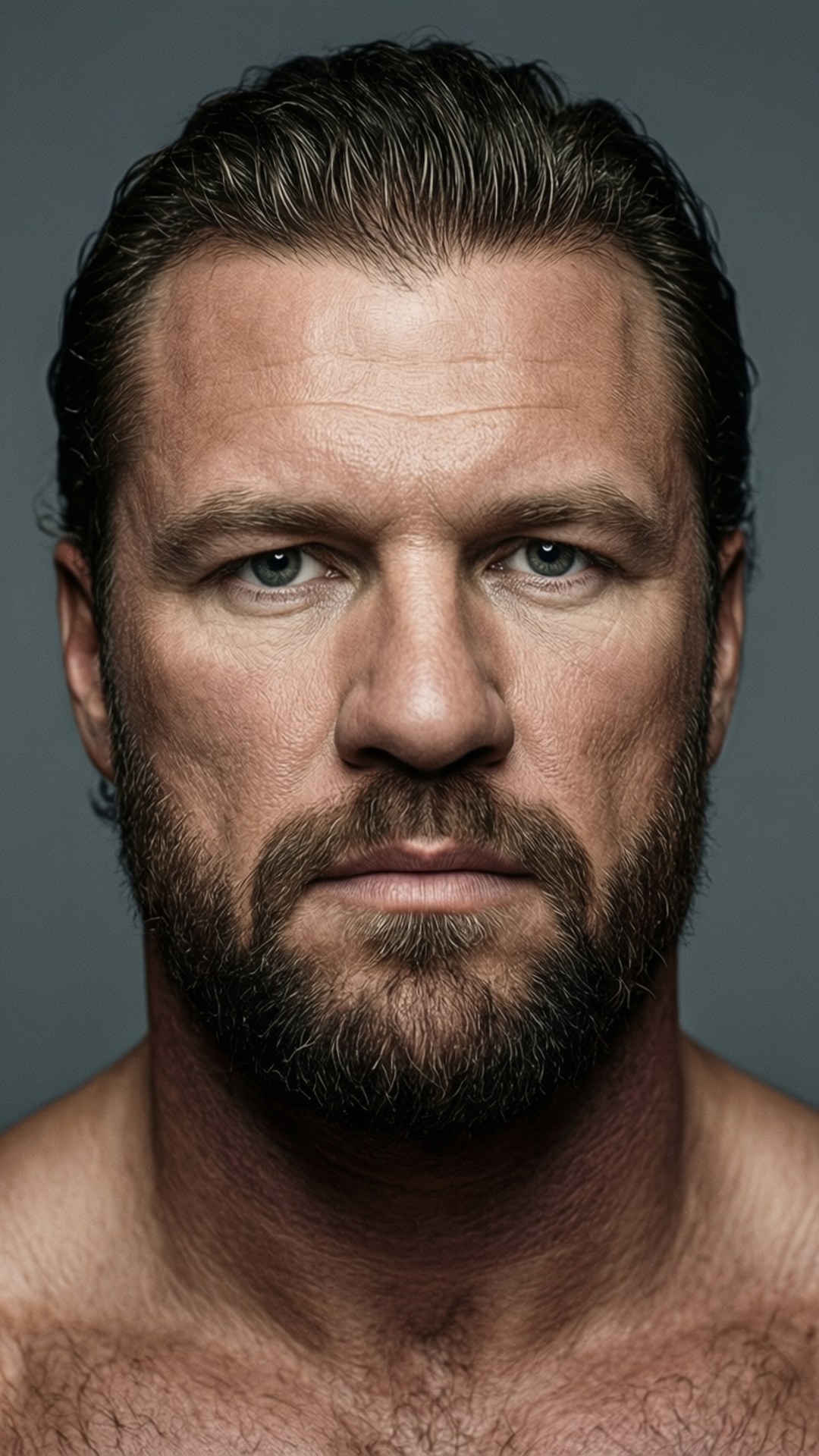 桌布 壁紙 — 鬍鬚男的特寫肖像，擁有強烈藍色眼睛和清晰面部特徵，背景是中性灰色。