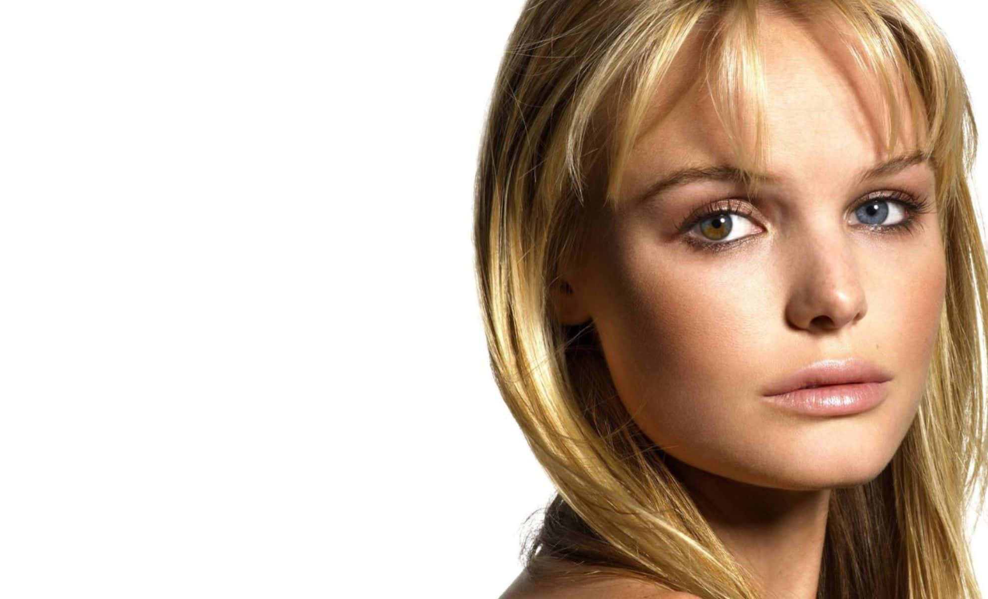 Kate Bosworth 桌布 壁紙 — 金髮女性的特寫肖像，具有引人注目的虹膜異色症和柔和光線，背景為純白色。