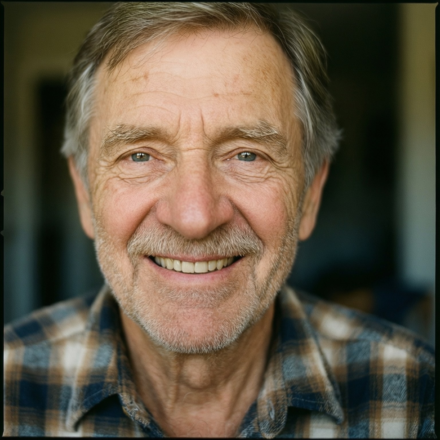 Warm Smile Portrait 壁紙 — 一位開朗長者的特寫肖像，灰白頭髮，溫暖笑容，穿著格紋襯衫。