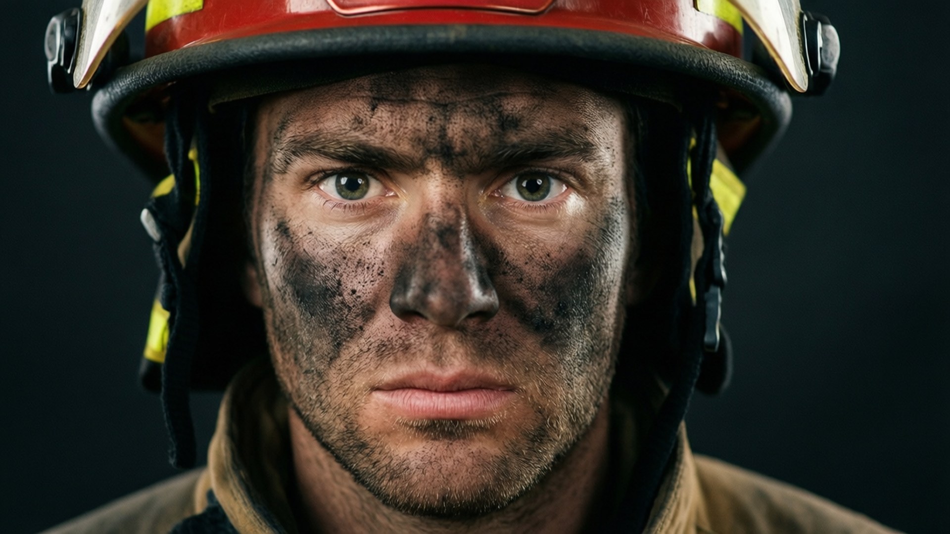 Firefighter 壁紙 — 一名消防員的近距離肖像，臉上佈滿煤灰，眼神專注，戴著紅色頭盔，背景為深色。