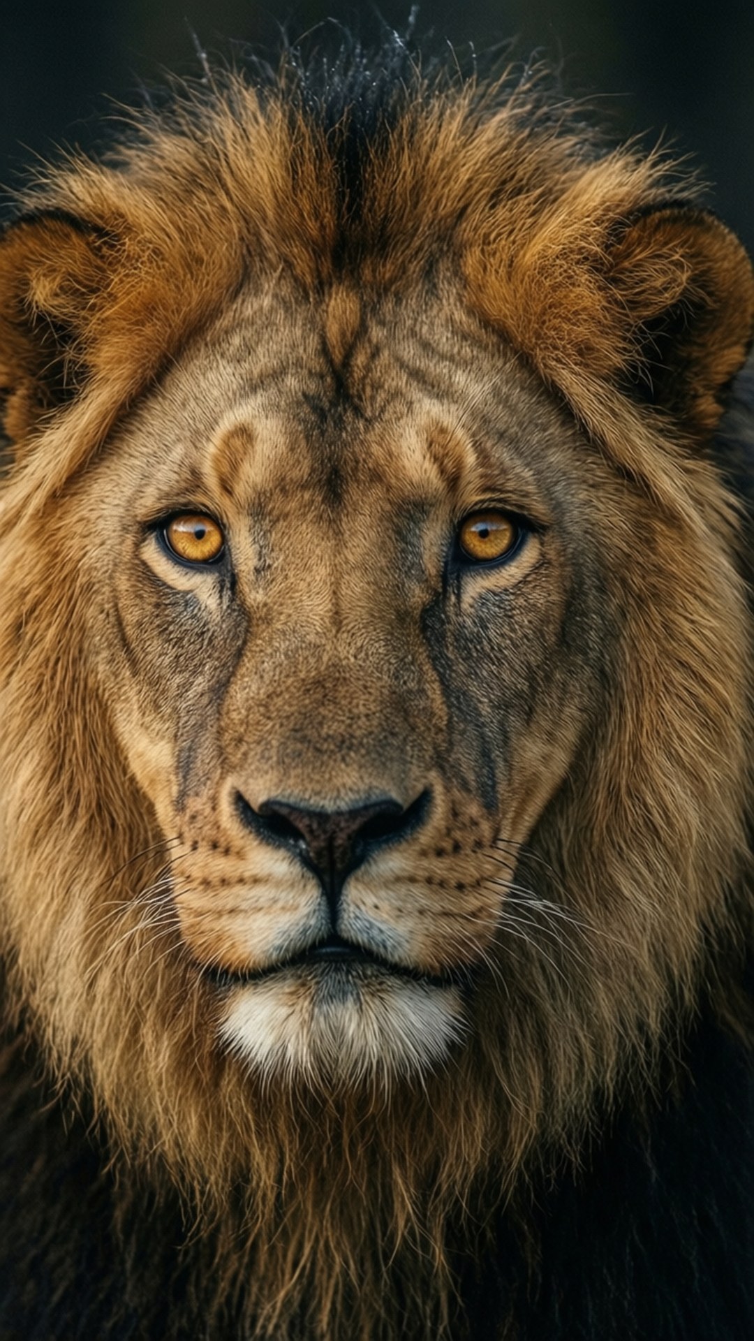 Lion's Gaze 壁紙 — 一頭雄獅的特寫肖像，擁有濃密金色鬃毛和強烈的琥珀色眼睛，直視前方。