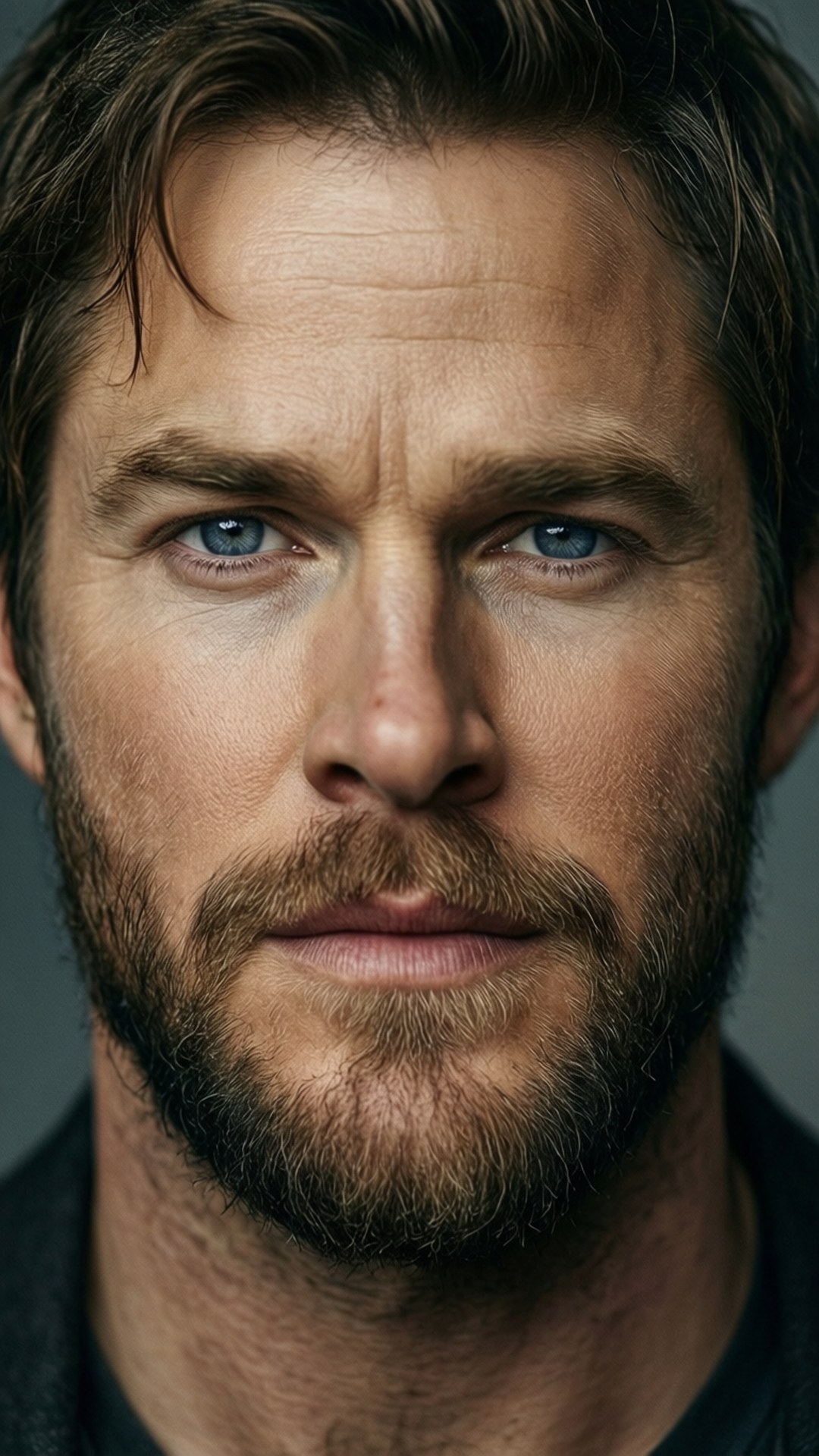 Chris Pratt Beard Closeup 壁紙 — 近距離肖像，一名擁有強烈藍色眼睛和濃密鬍鬚的男子直視鏡頭。