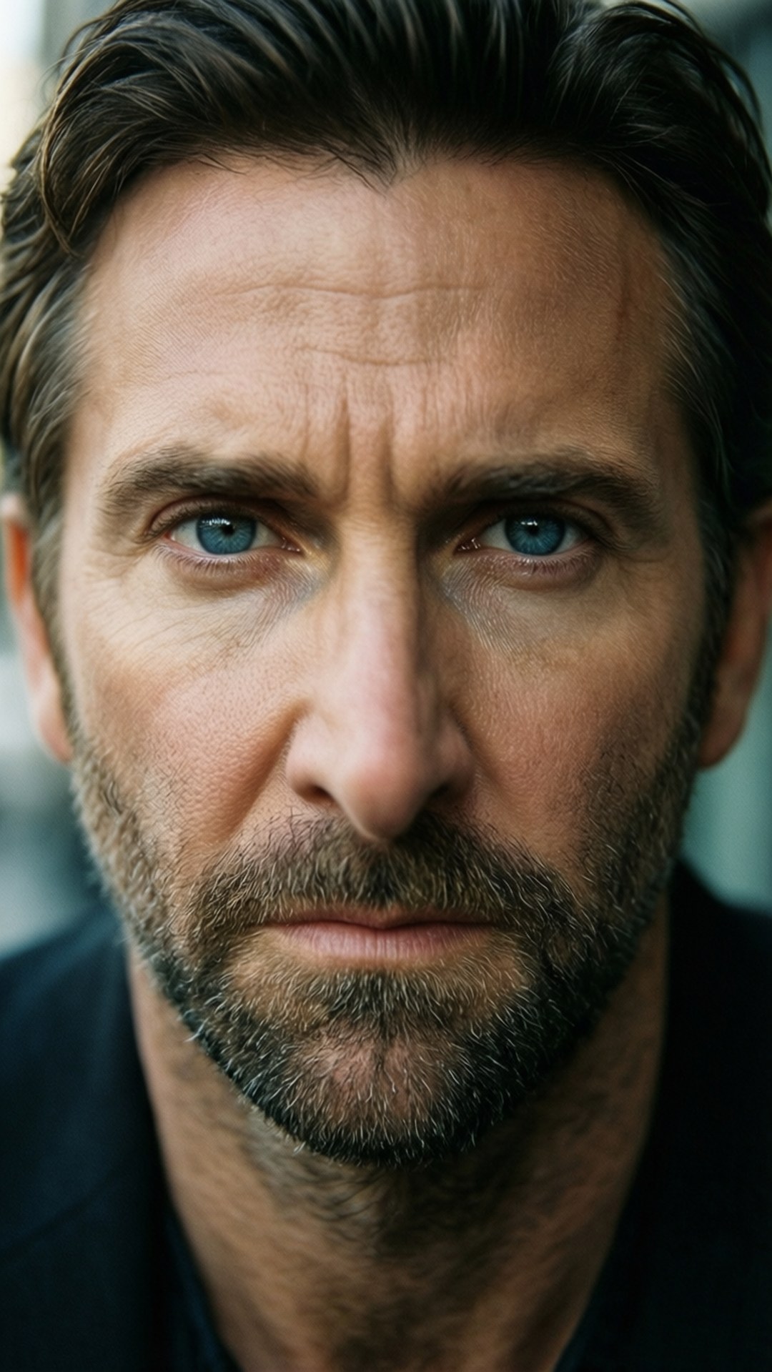 Intense Gaze 壁紙 — 一個近距離肖像，一個男人帶著強烈的藍眼睛和灰白的鬍鬚直視鏡頭。