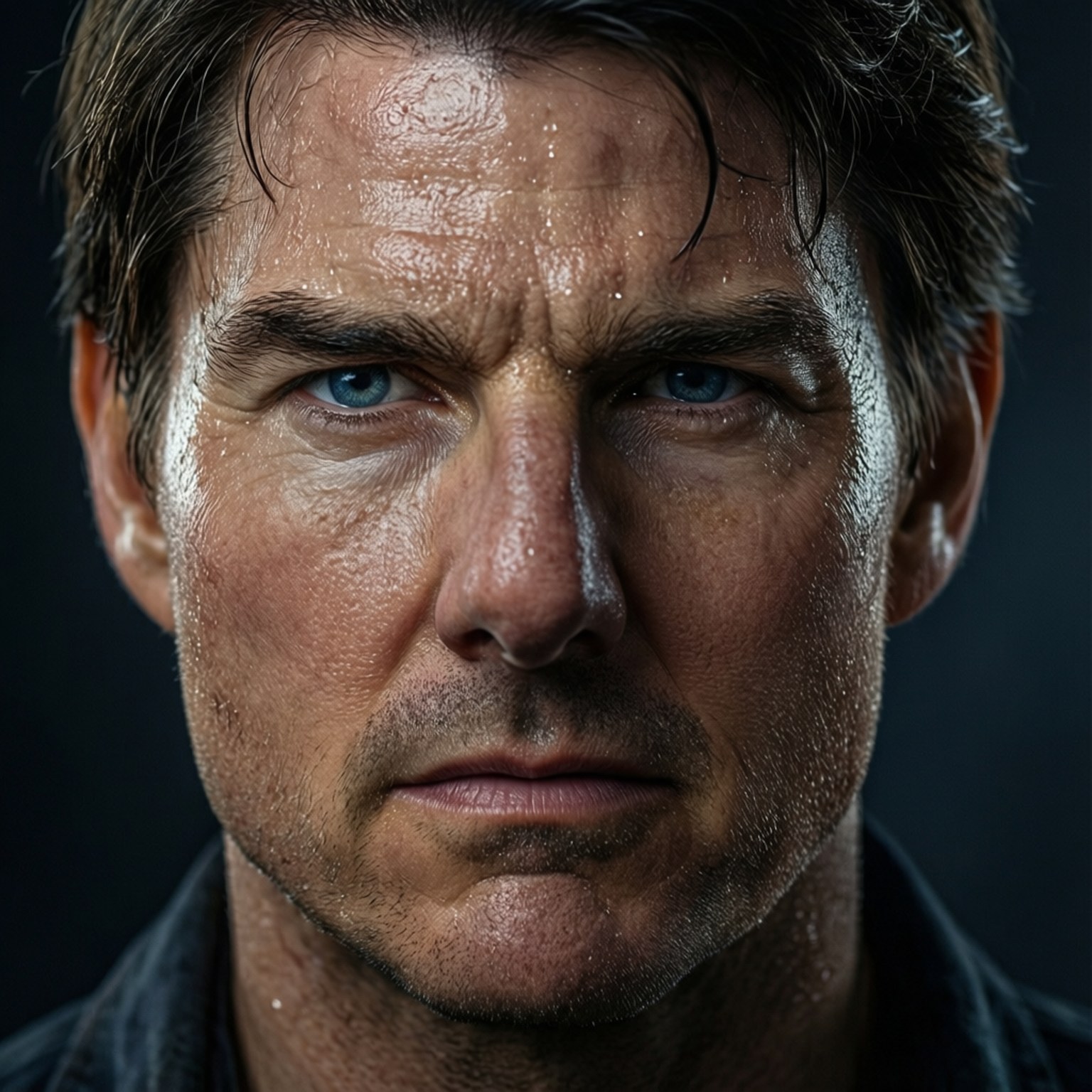 Intense Gaze 壁紙 — 一個近距離肖像，一個男人擁有強烈的藍色眼睛，汗水在黑暗背景下閃爍在他的臉上。