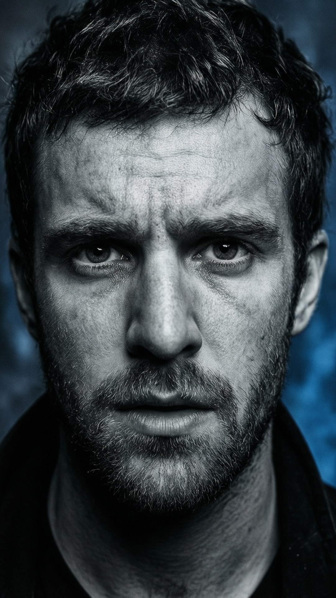 Dan Smith Intense Portrait 壁紙 — 一個特寫肖像，一個眼神銳利、鬍渣的男人，背景是帶紋理的藍色。
