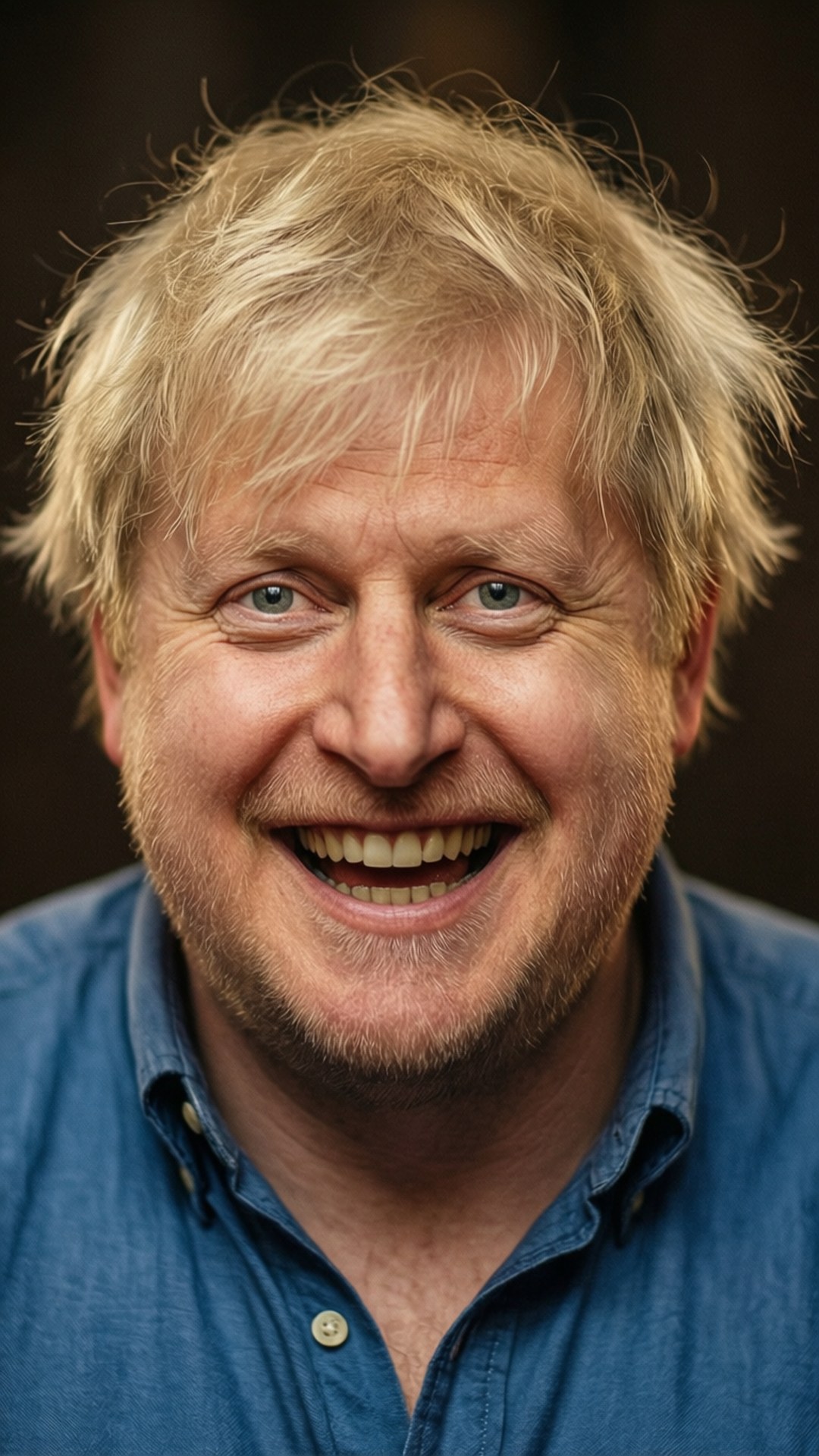 Boris Johnson Laughing Close-up 壁紙 — 一個近距離肖像，一個男人，凌亂的金色頭髮，露出牙齒的燦爛笑容，穿著藍色鈕扣襯衫。