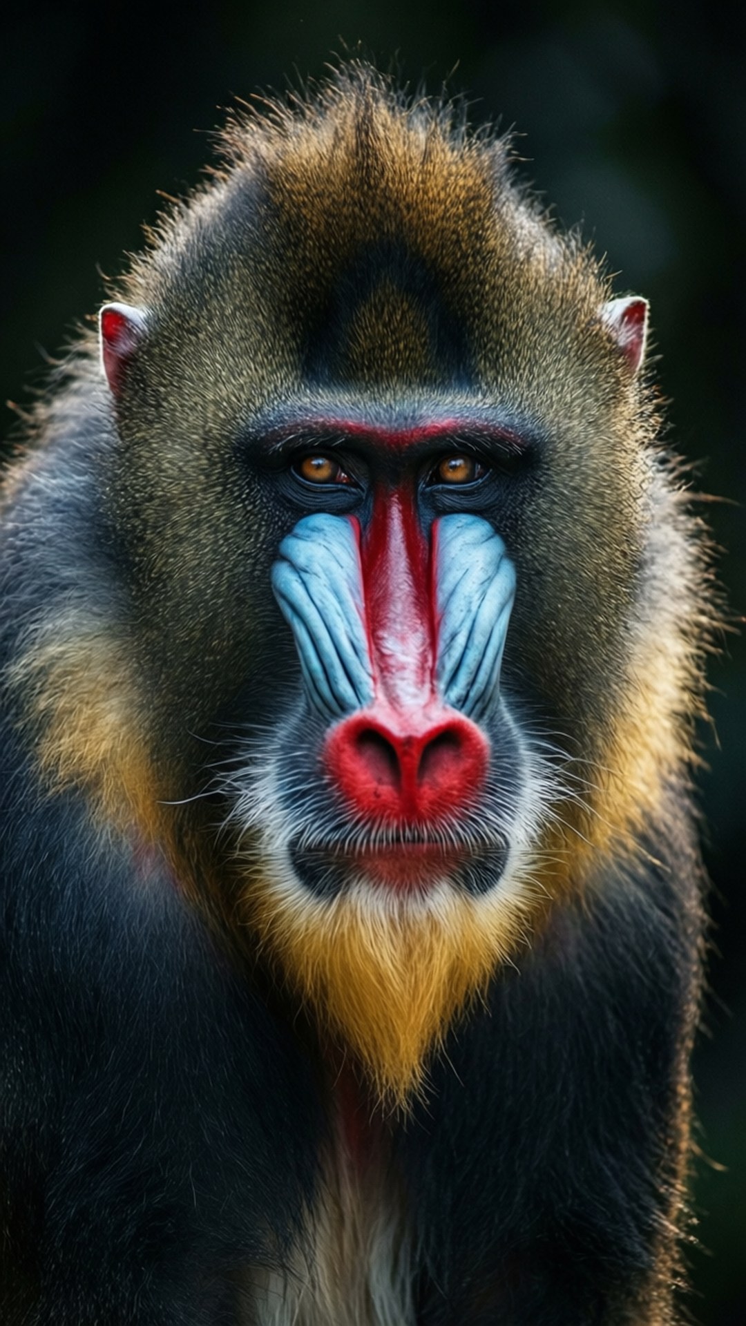 Majestic Mandrill 壁紙 — 山魈的 close-up 肖像，帶有鮮豔的紅色、藍色和黃色面部標記，強烈地凝視著相機。