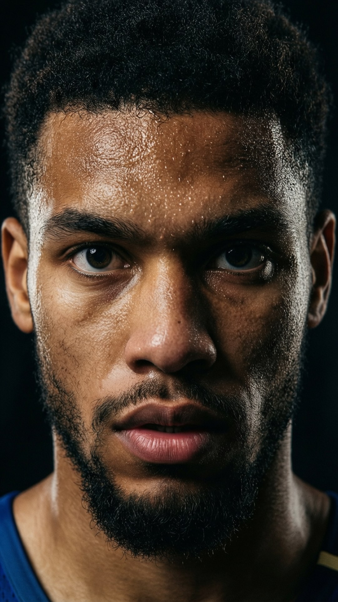 CJ McCollum Portrait Focus 壁紙 — 運動員滿身大汗、眼神專注的頭像特寫，背景為深色。