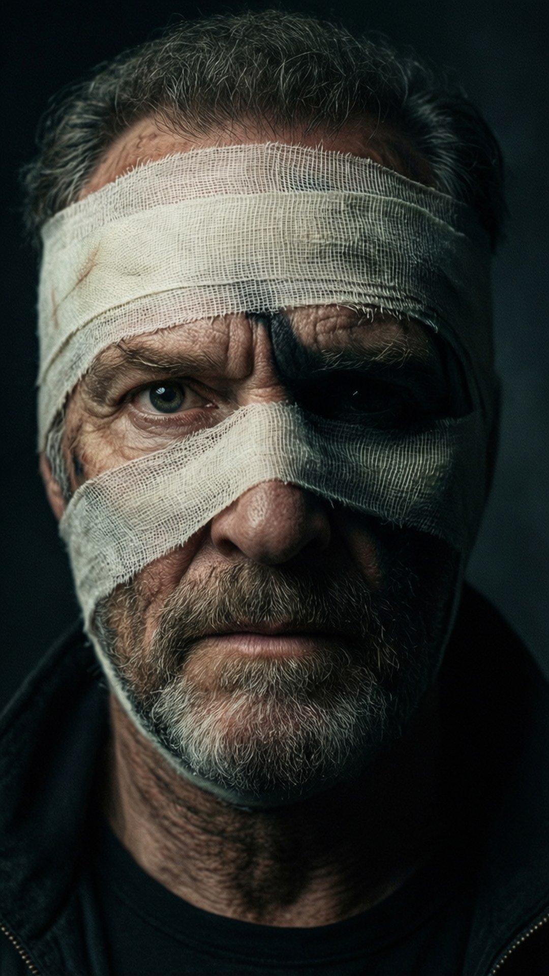 Bandaged Darkman 壁紙 — 一個飽經風霜的男人特寫肖像，眼睛和額頭纏著繃帶，在黑暗背景下凝視著。