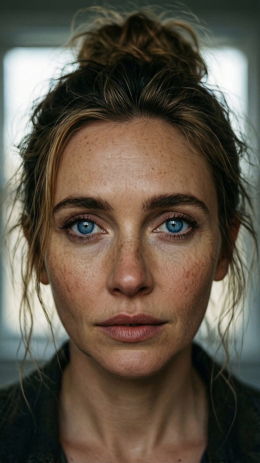 Natural Beauty 壁紙 — 一位擁有引人注目的藍色眼睛和雀斑的女子的特寫肖像，直視鏡頭，表情中性。