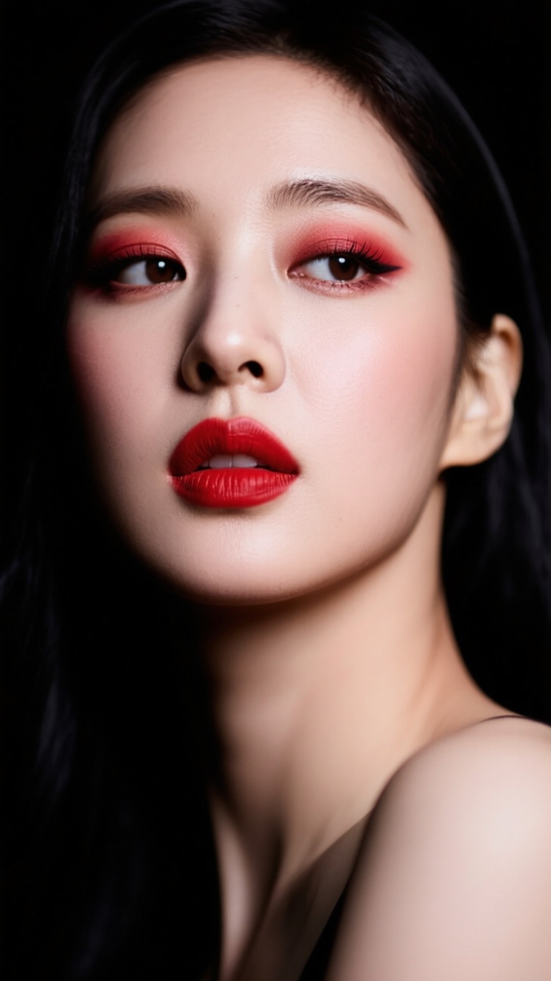 Glamour Taeyeon 壁紙 — 一個特寫肖像，一位女士塗著大膽的紅色唇膏和相配的眼影，背景為黑色。