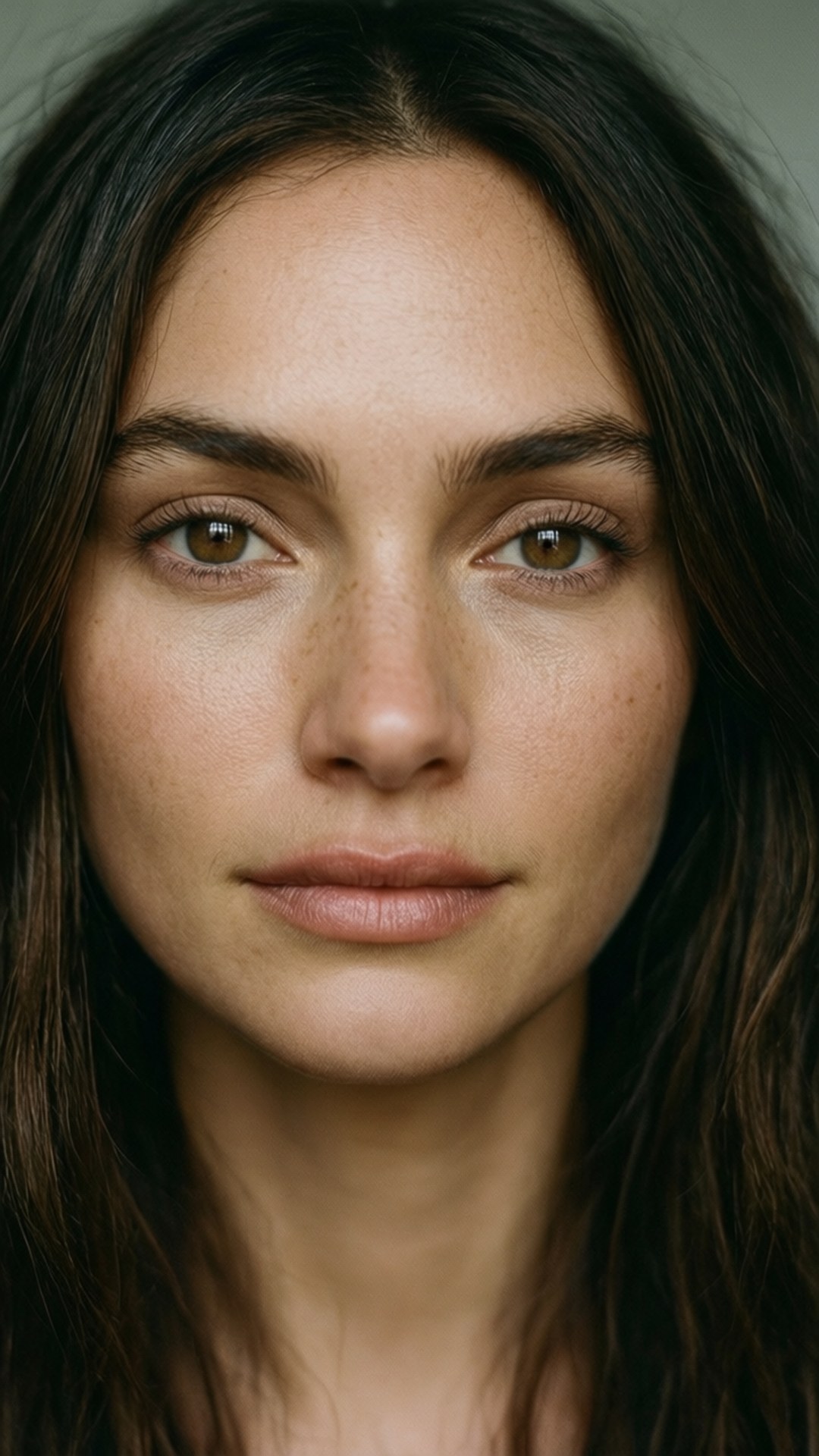 Natural Beauty Close-Up 壁紙 — 一位深色頭髮和雀斑的女性在柔和自然光下直視鏡頭的近距離肖像。
