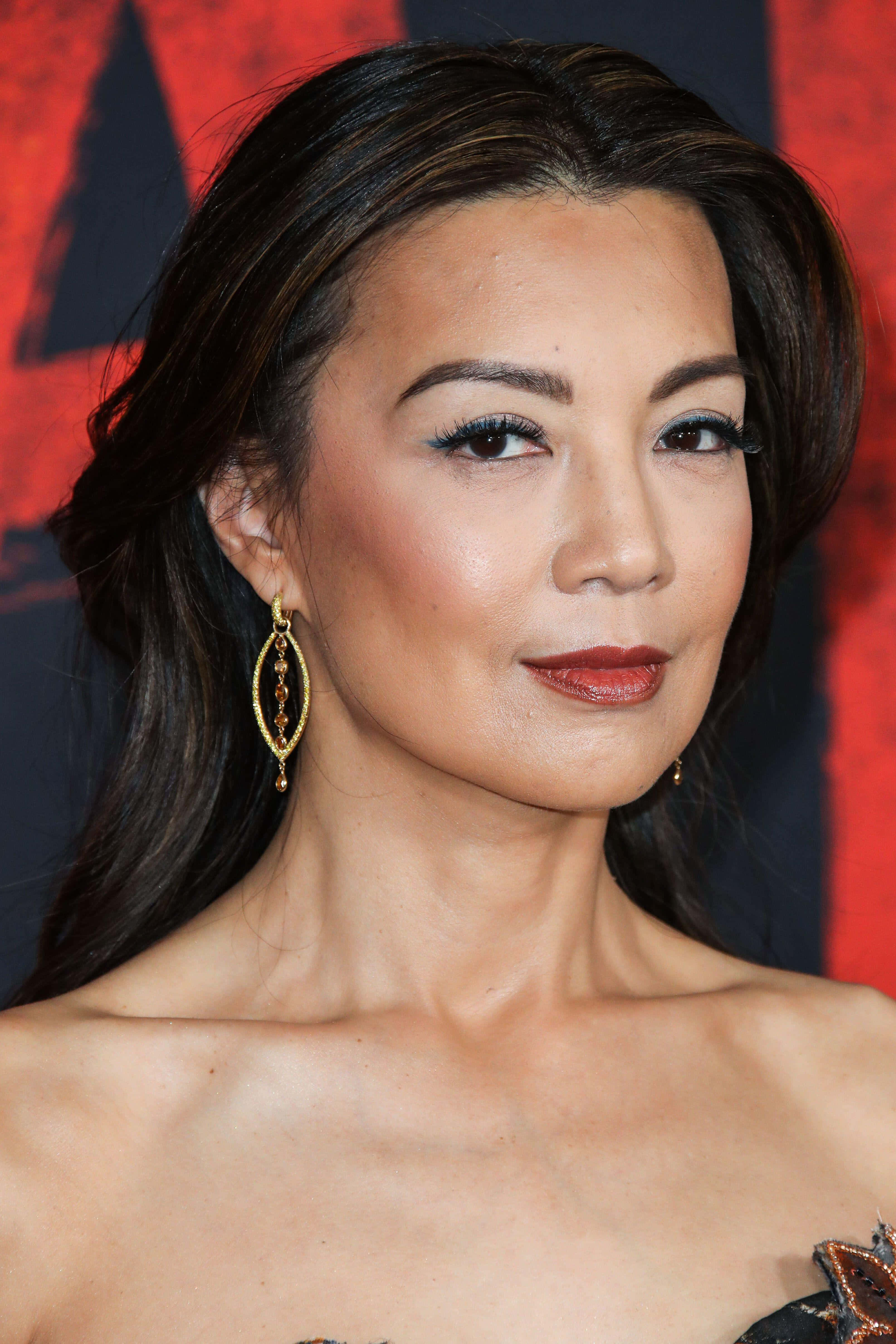 Ming Na Wen 桌布 壁紙 — 一個特寫肖像，一位深色頭髮、戴著金色耳環的女性，背景為紅色和黑色。