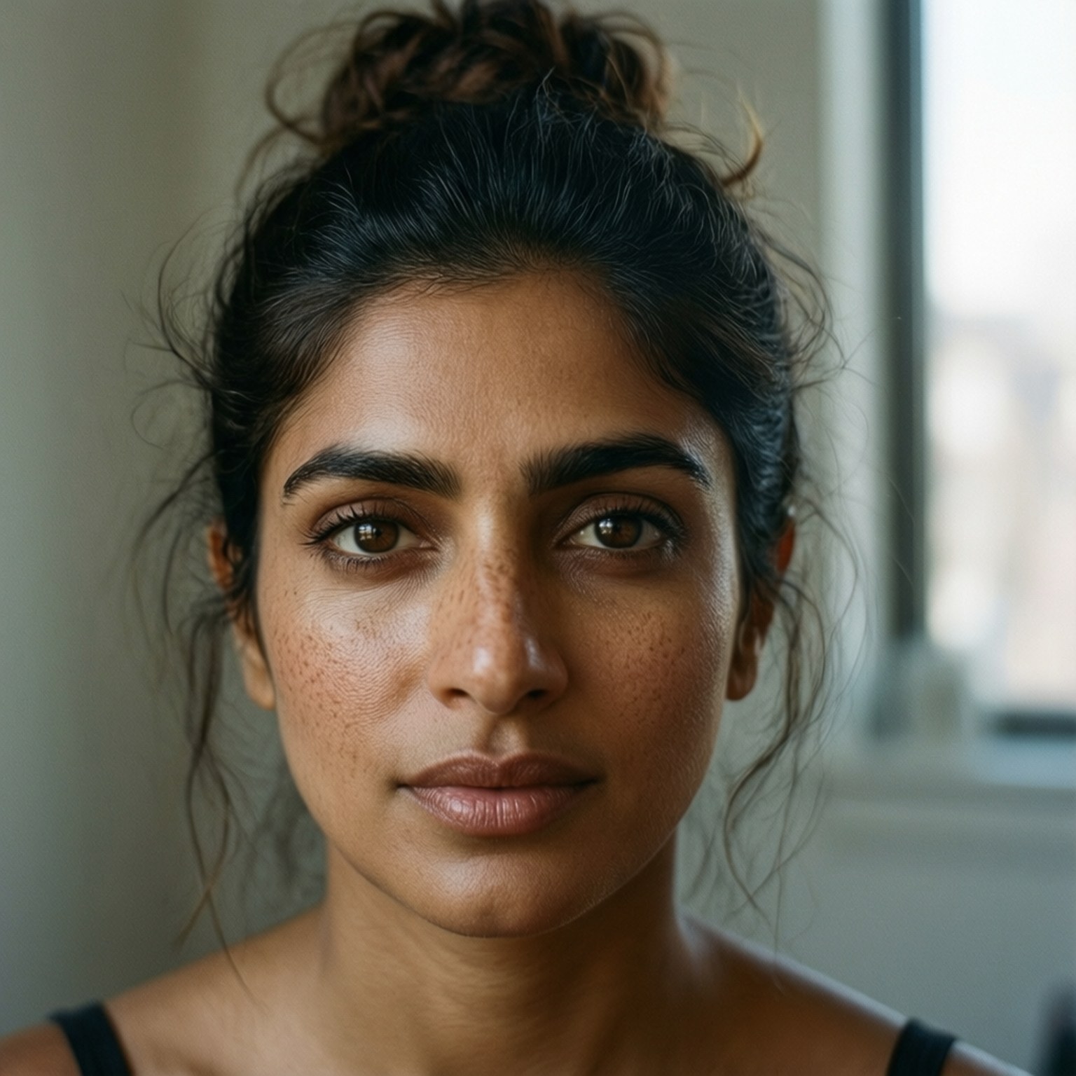 Natural Beauty 壁紙 — 一位深色頭髮、凌亂髮髻、有雀斑的女性近距離肖像，直視鏡頭。