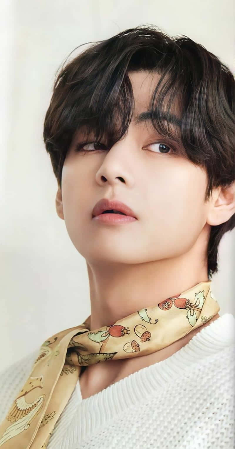 黑髮年輕男子戴著圖案圍巾和白色毛衣。 — Bts 壁紙