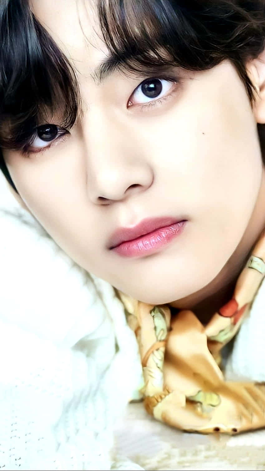 年輕黑髮男子，眼神銳利，戴著圖案圍巾。 — Bts 壁紙