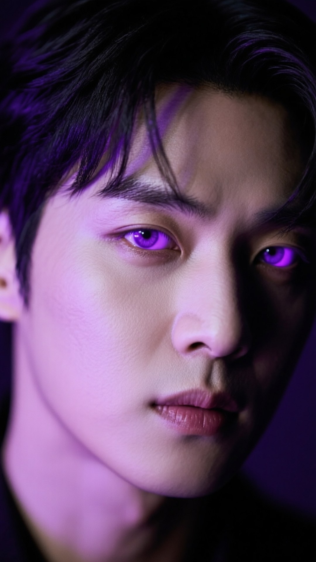 Glowing Eyes Portrait 壁紙 — 一個年輕男子的特寫肖像，在戲劇性的紫色燈光下，他有著發光的紫色眼睛。