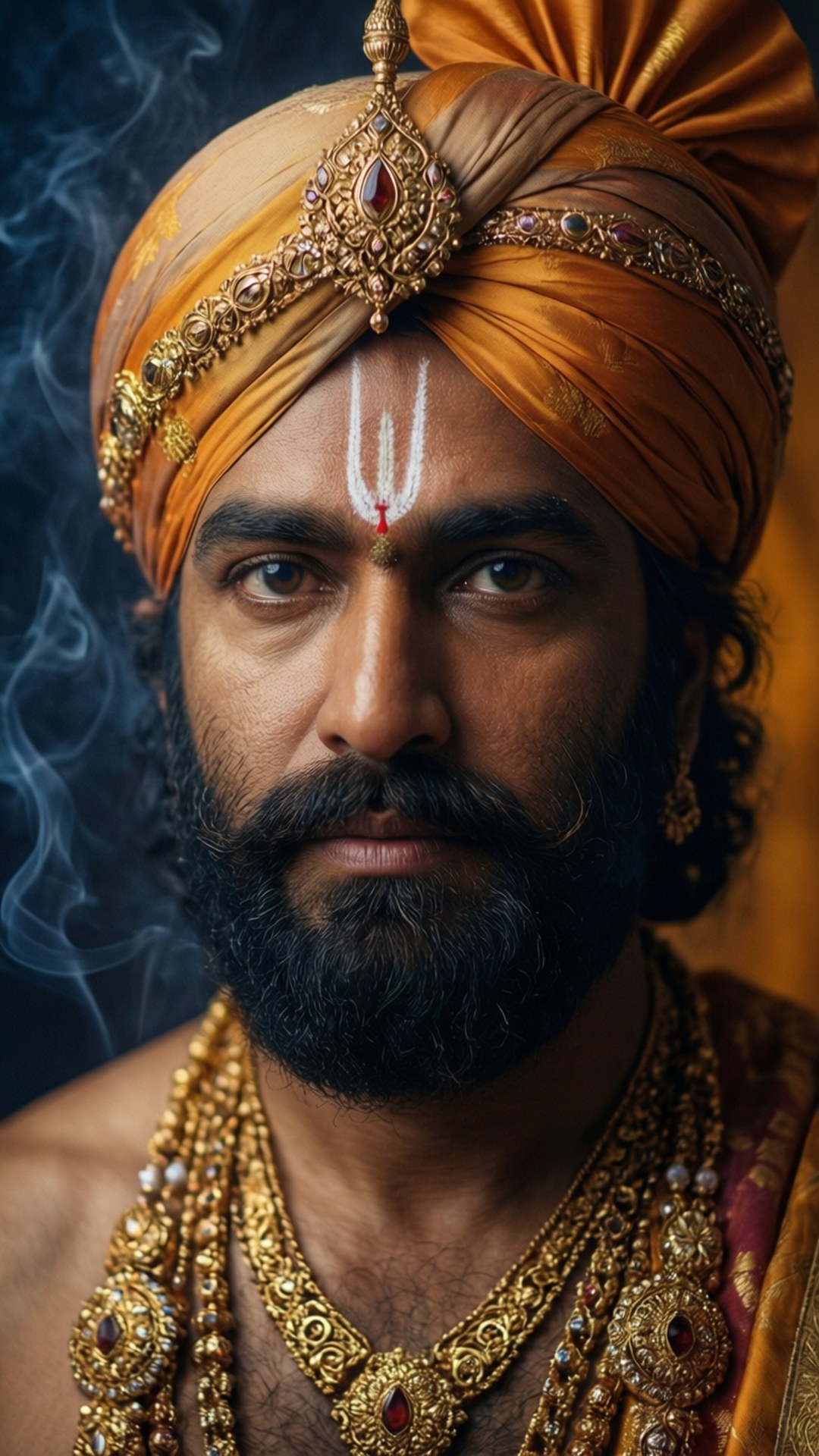 Hindu King 桌布 壁紙 — 一個留鬍鬚男子的特寫肖像，戴著華麗的金色珠寶和濃郁的橙色頭巾，旁邊有煙霧繚繞。