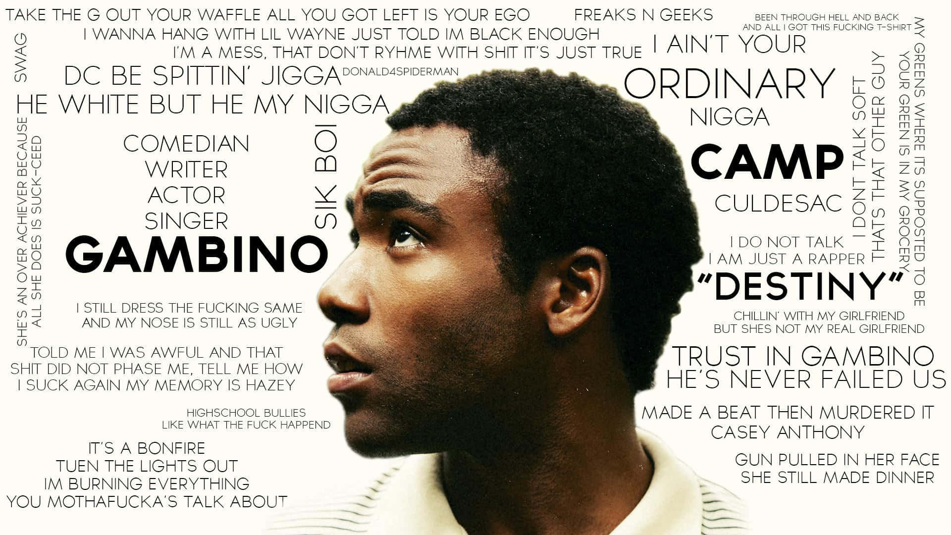  壁紙 — Donald Glover 飾演 Childish Gambino 的特寫肖像，周圍環繞著來自他音樂和個性的混亂文字引用。