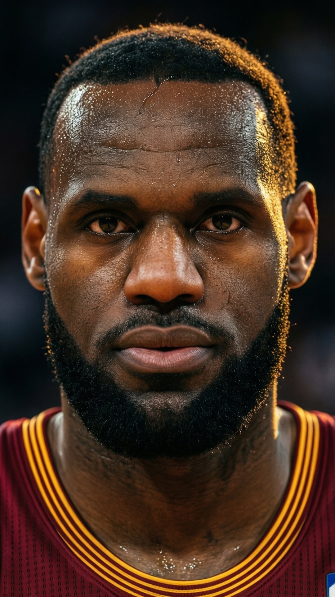 The King's Gaze 壁紙 — 勒布朗·詹姆斯在籃球比賽中穿著栗色和金色球衣，大汗淋漓的特寫肖像。