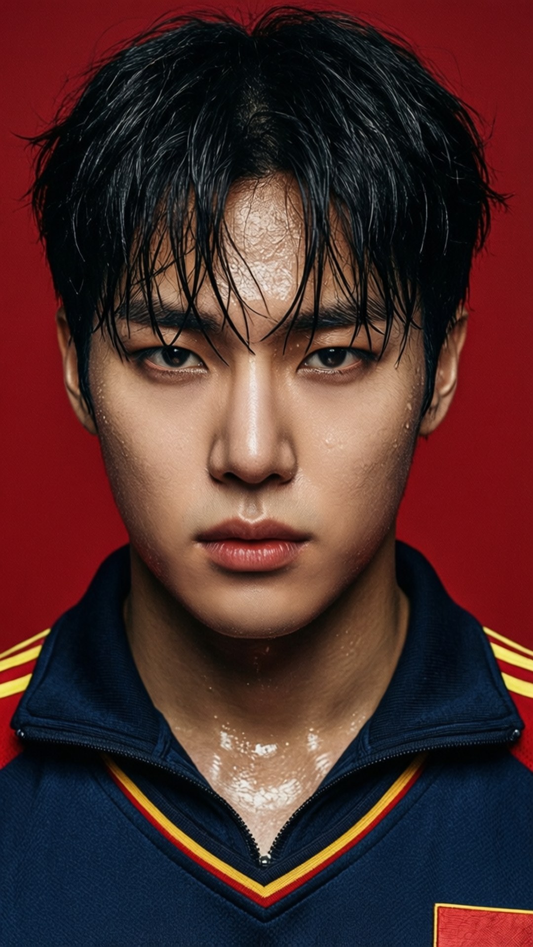 Minho Red Intensity 壁紙 — 一個年輕男子的特寫肖像，濕透的黑髮和臉上的汗水，背景是鮮豔的紅色，身穿帶有黃色和紅色條紋的海軍藍運動外套。