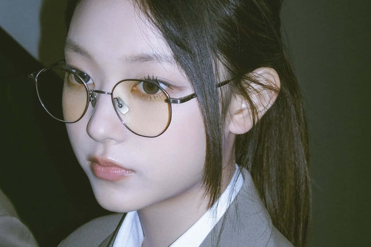  壁紙 — 一位戴圓框眼鏡、深色頭髮紮成馬尾的年輕女性的特寫肖像，身穿灰色西裝外套內搭白襯衫。