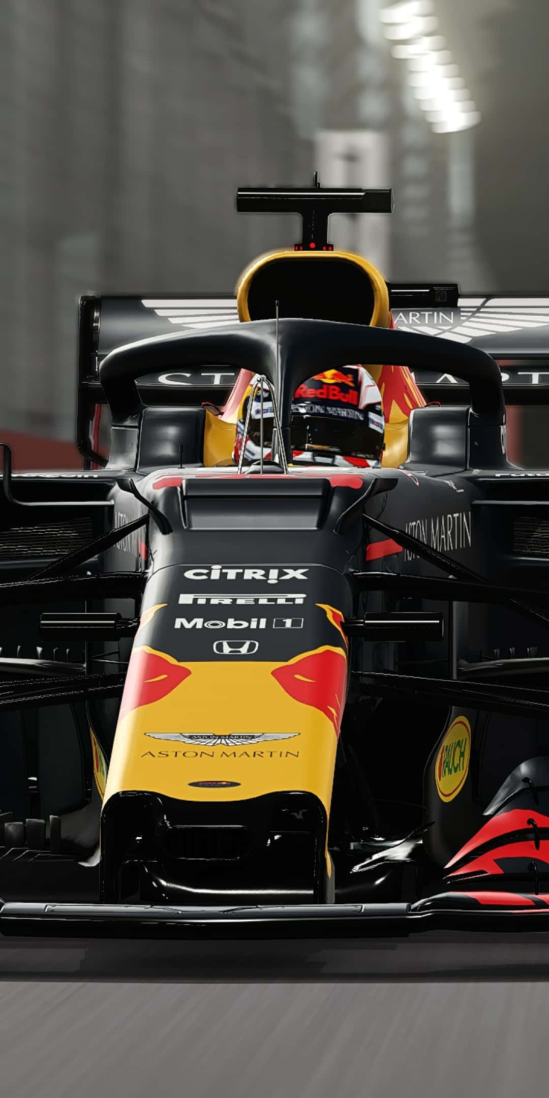Pixel 3 F1 2019 桌布 壁紙 — Red Bull Racing 一級方程式賽車的近距離特寫，車手戴著頭盔在隧道中疾馳。