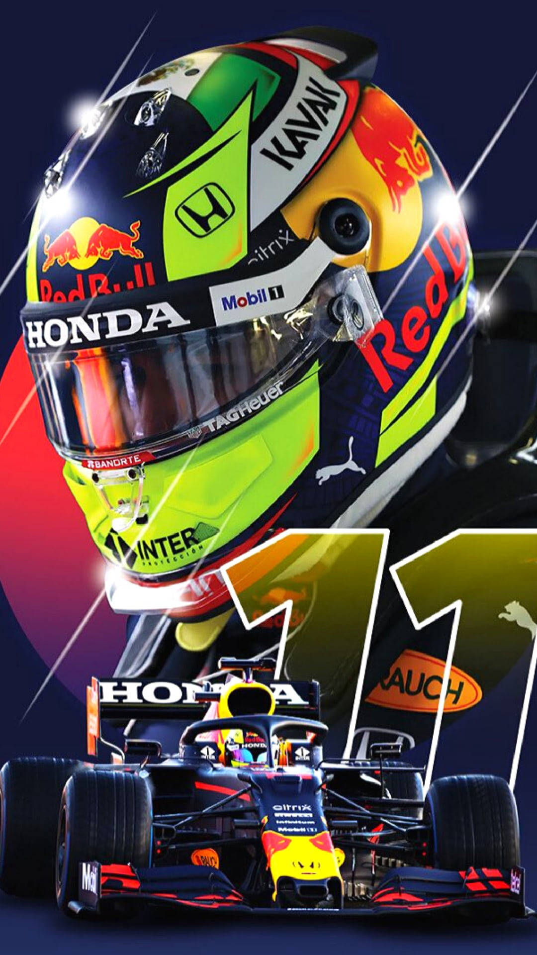 Red Bull Racing 一級方程式頭盔和11號賽車，帶有贊助商標誌。