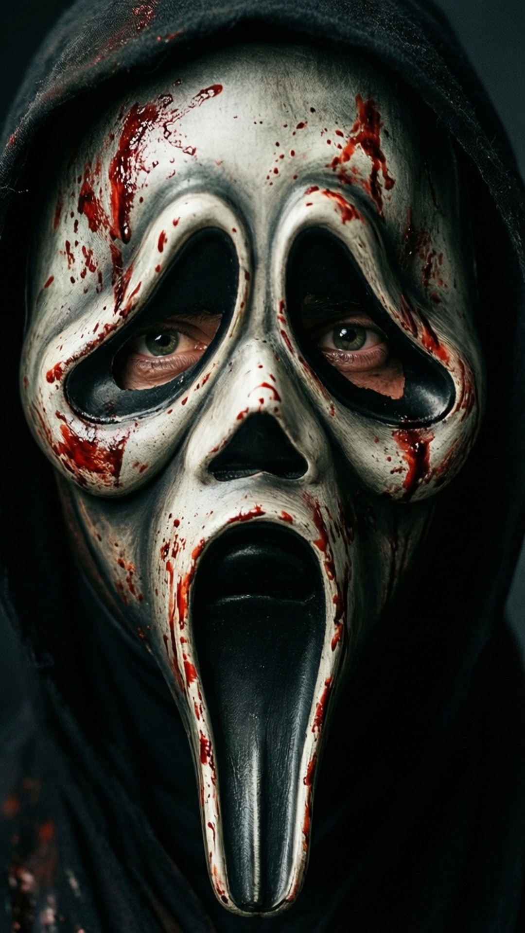 Bloody Mask Close-Up 壁紙 — 白色尖叫面具的特寫，帶有血跡，大眼睛從眼孔中窺視。