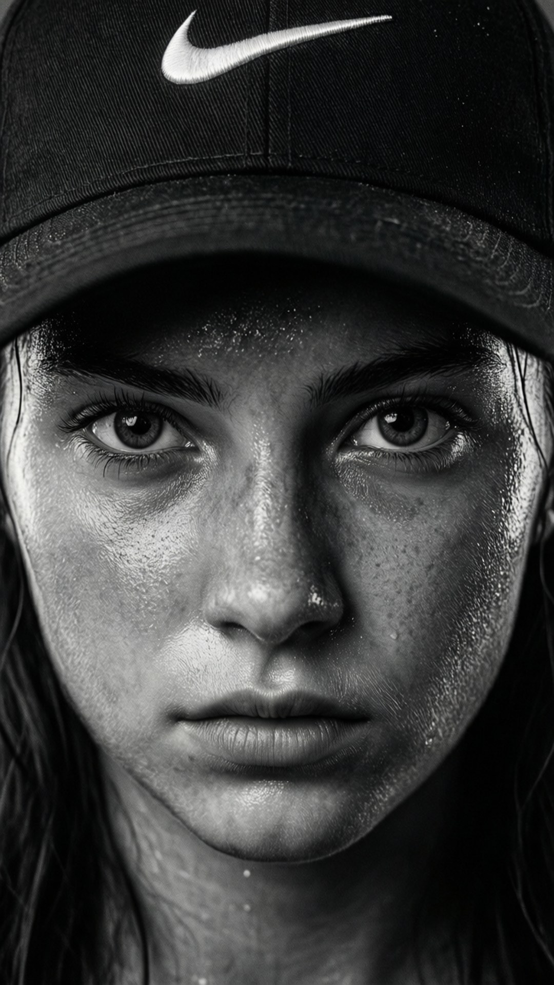 Intense Portrait in Black and White 壁紙 — 一個黑白特寫肖像，一名汗流浹背的女子戴著Nike帽子，專注地凝視鏡頭。